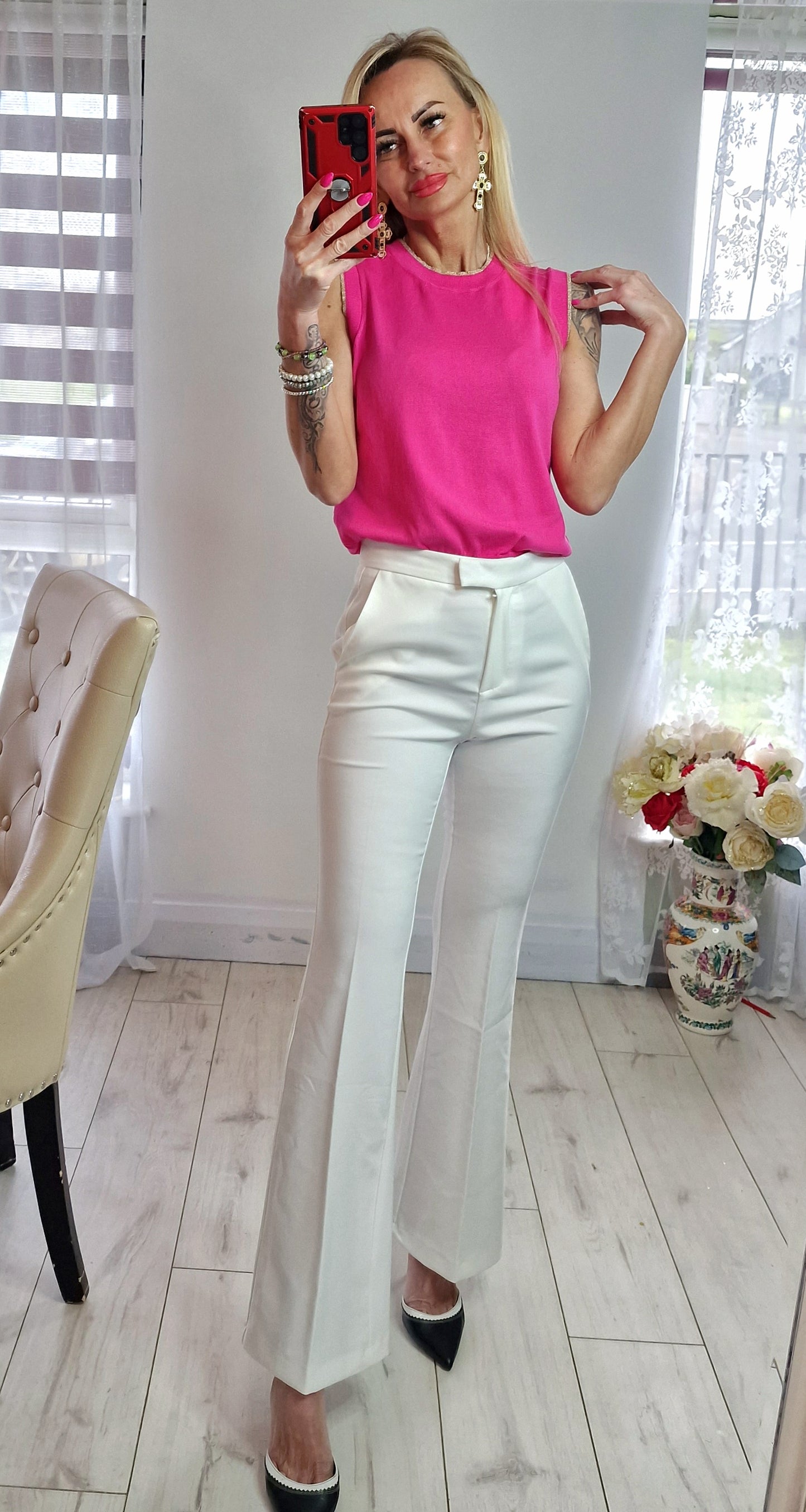 Light Sweater Top With Gold Buttons on Right Side