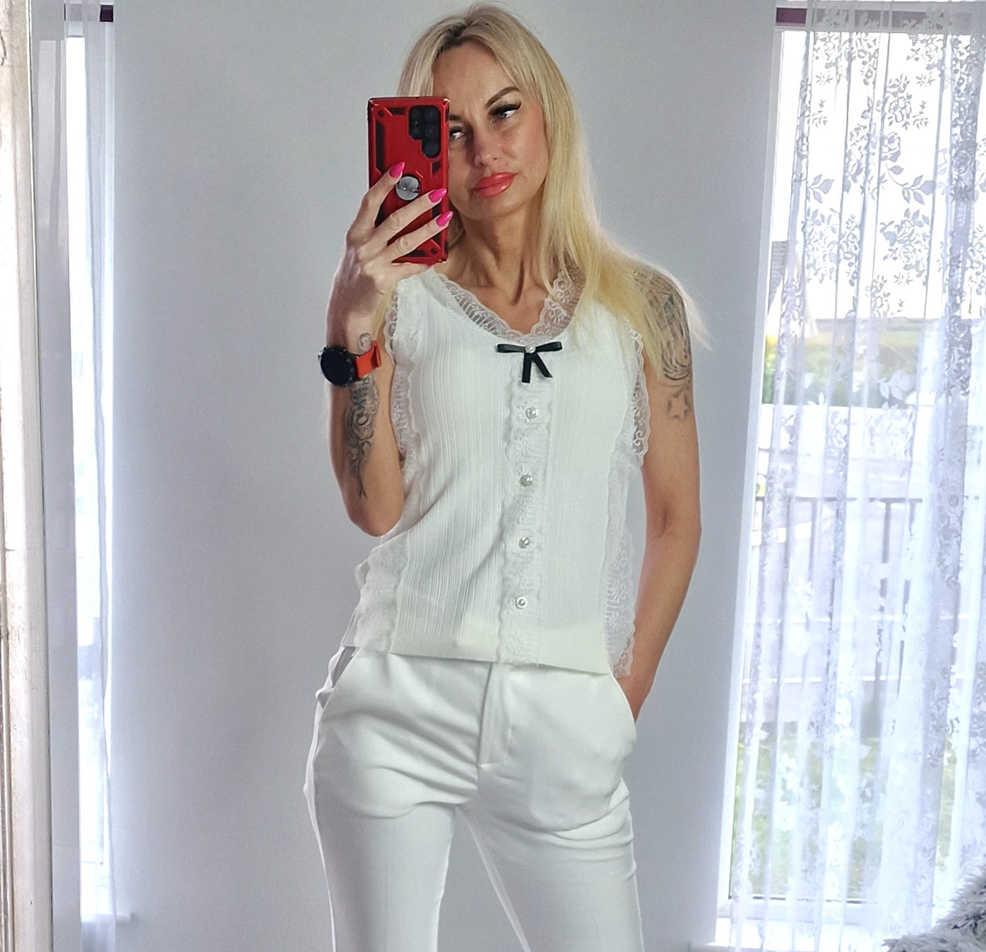 White Top With Lace and Oearls Buttons