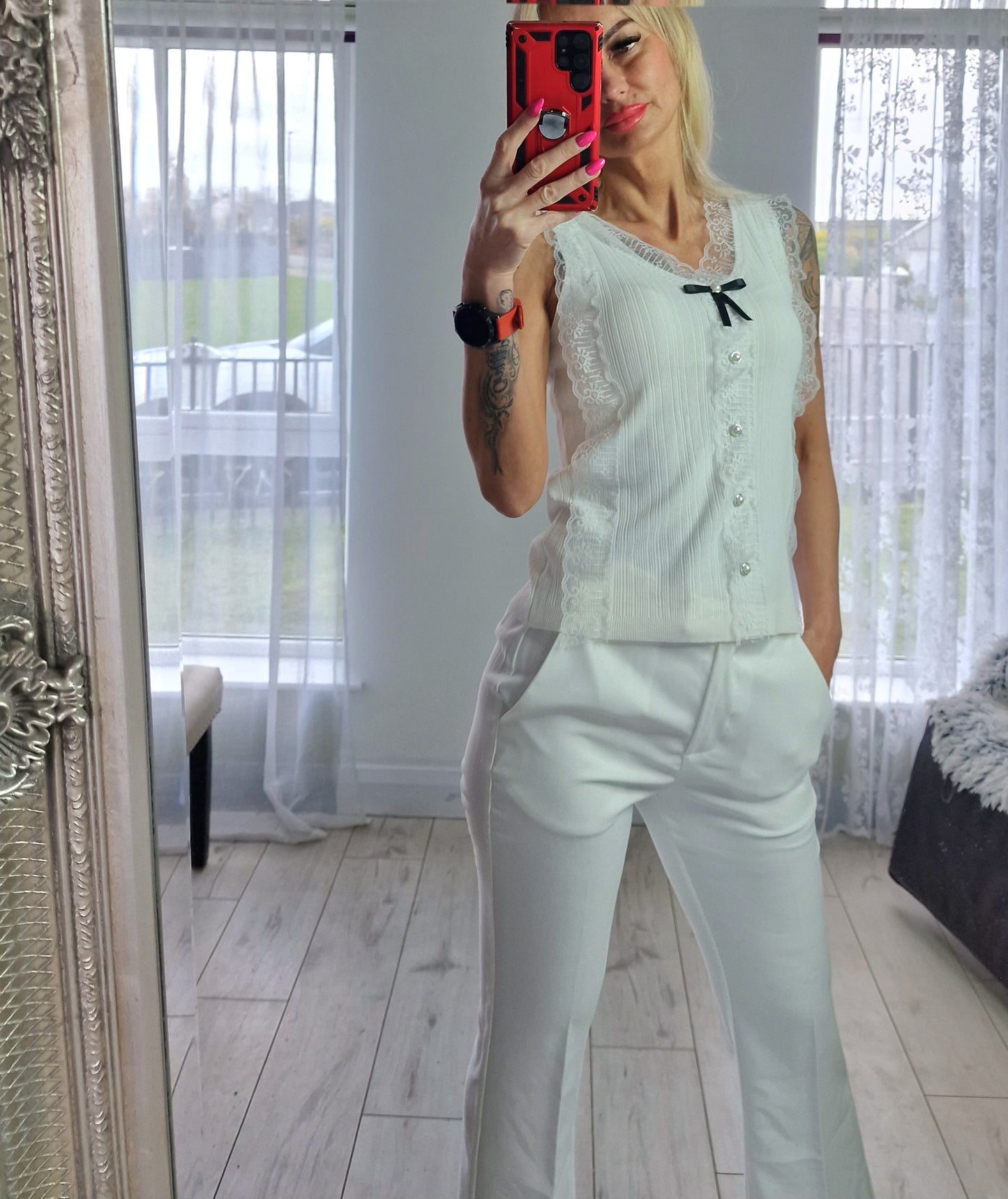 White Top With Lace and Oearls Buttons