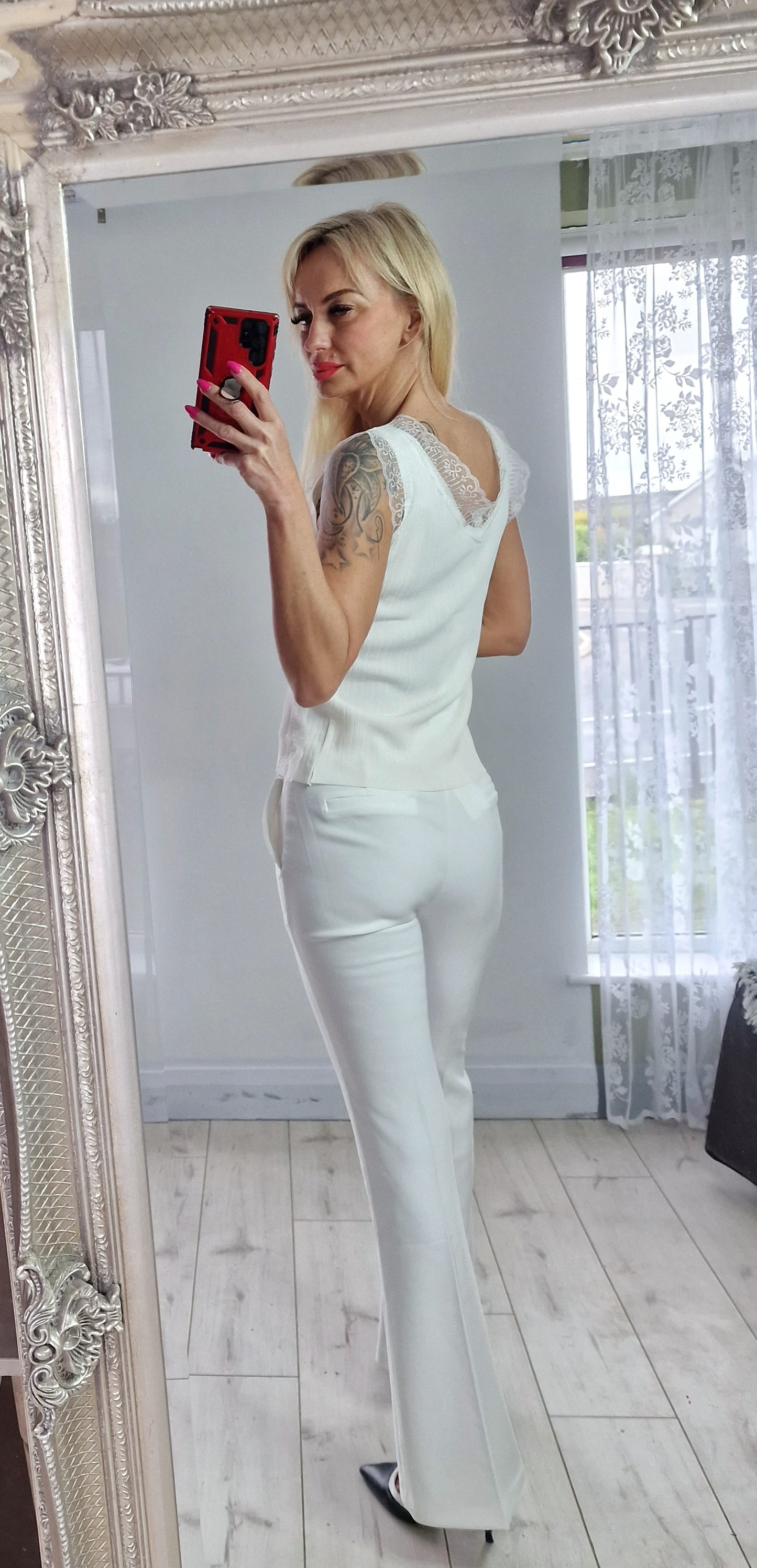 White Top With Lace and Oearls Buttons