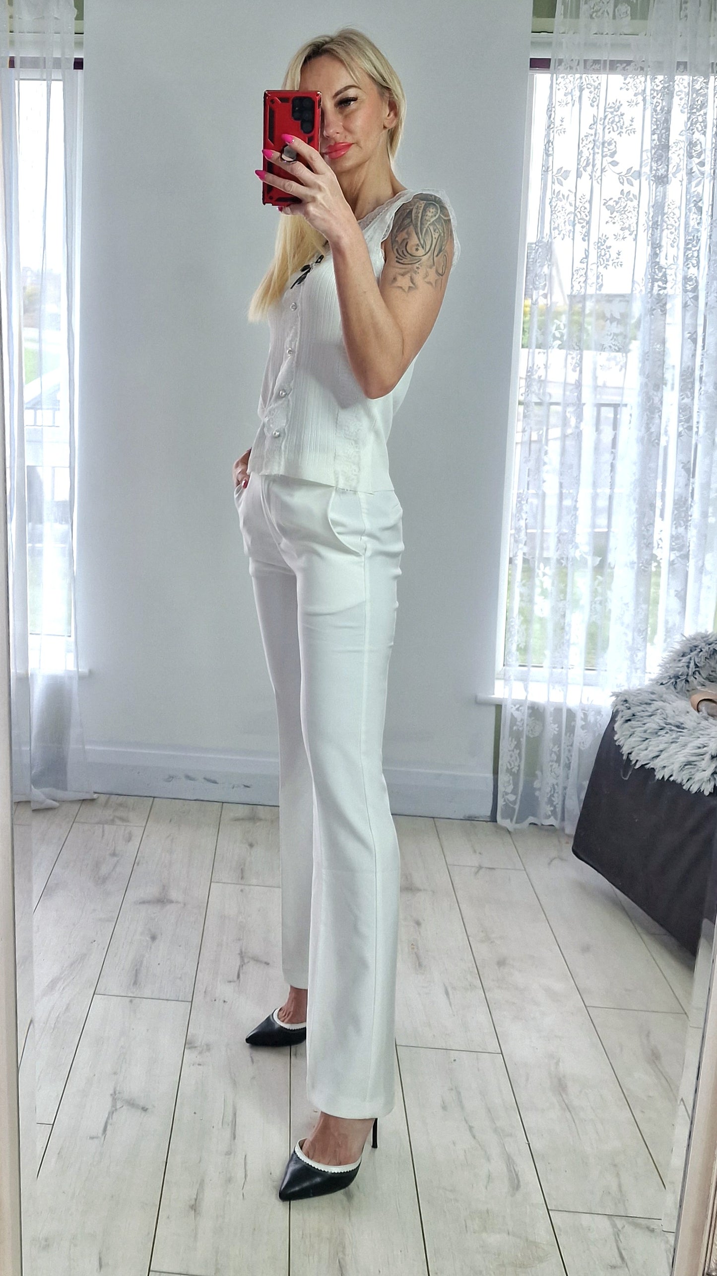 White Top With Lace and Oearls Buttons