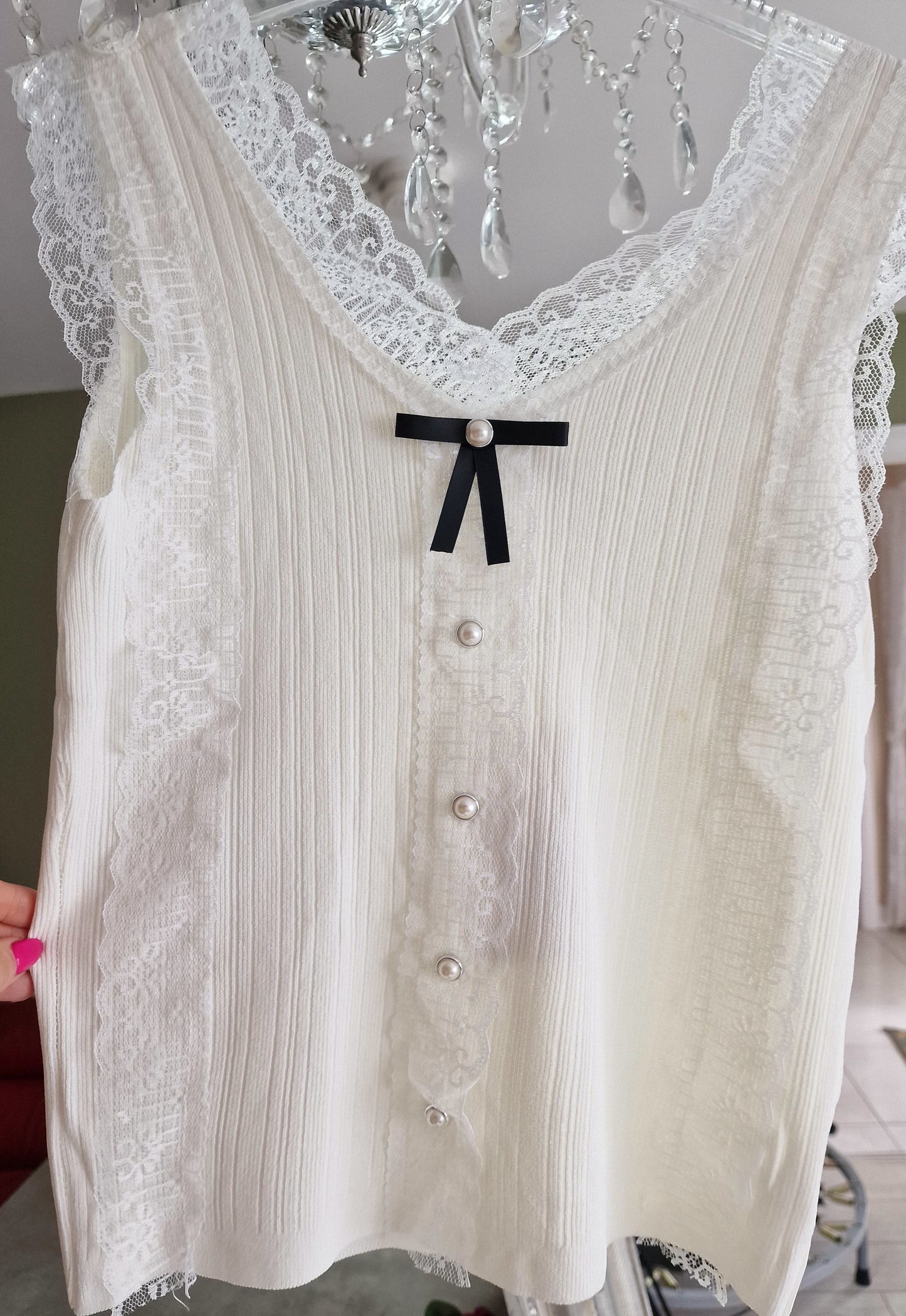 White Top With Lace and Oearls Buttons