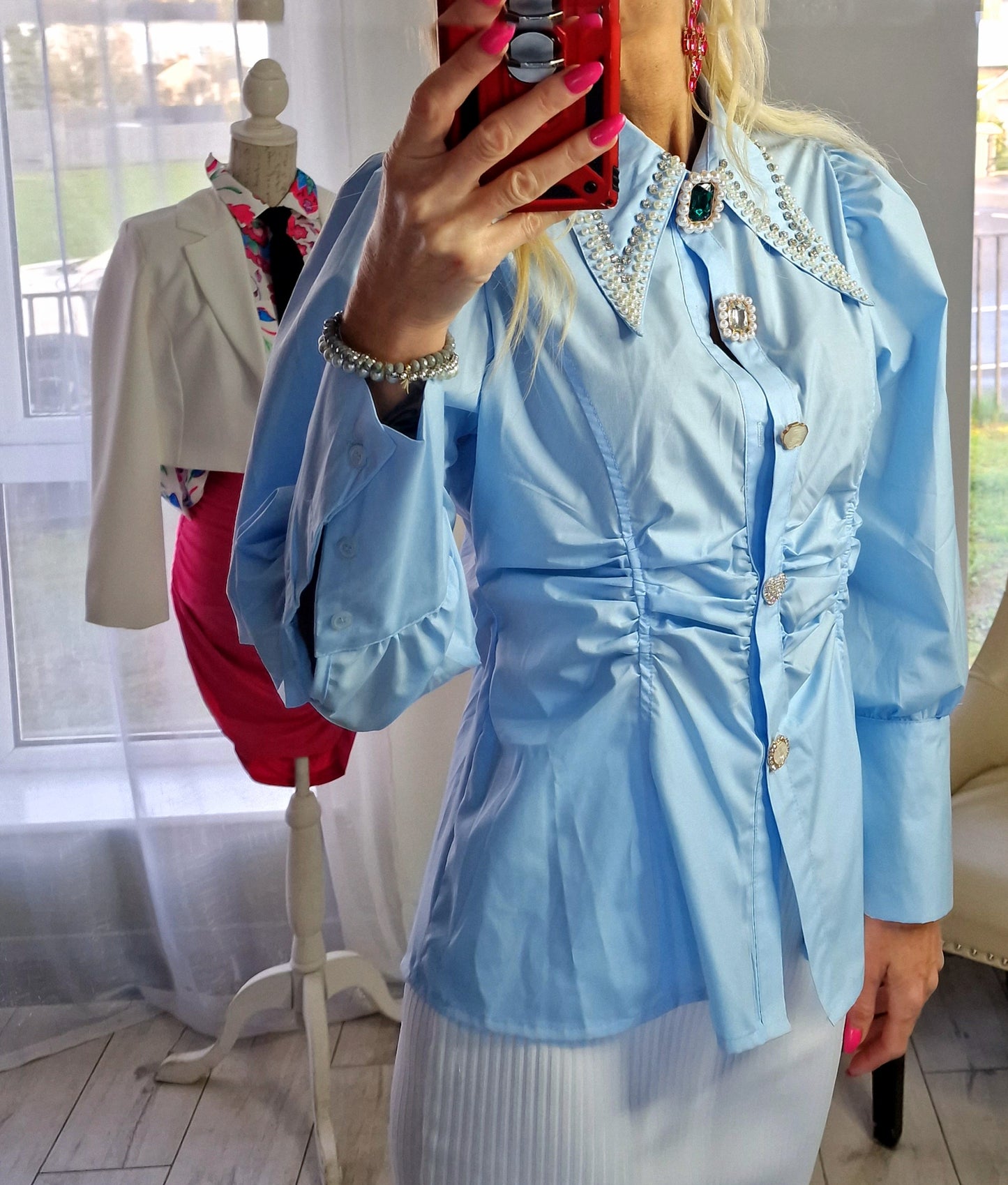 Baby Blue Shirt With Pearls and Stones