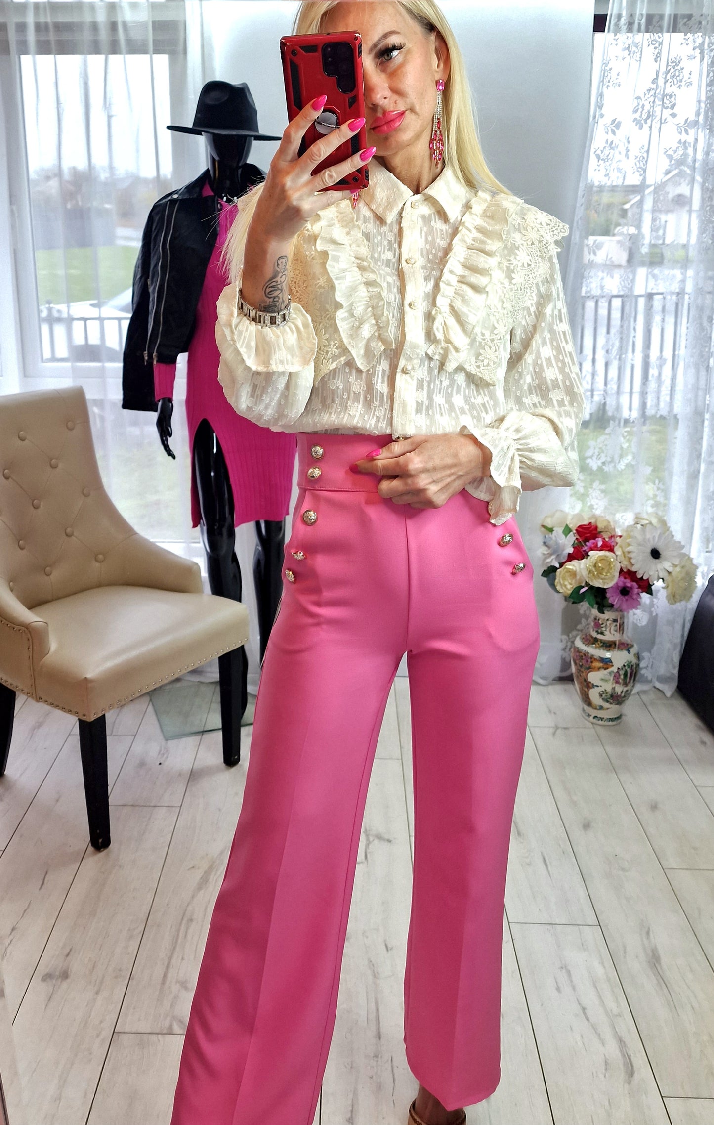 Lace Shirt With Pearls Buttons