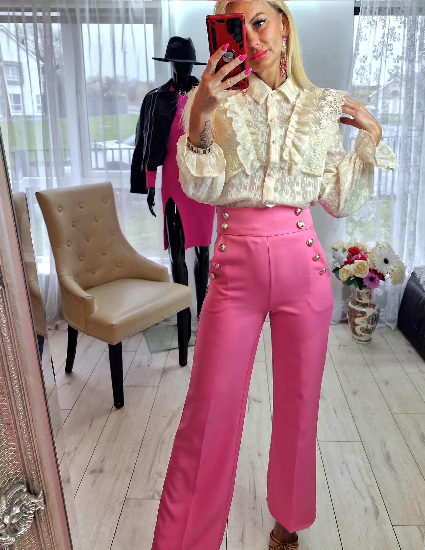 Lace Shirt With Pearls Buttons