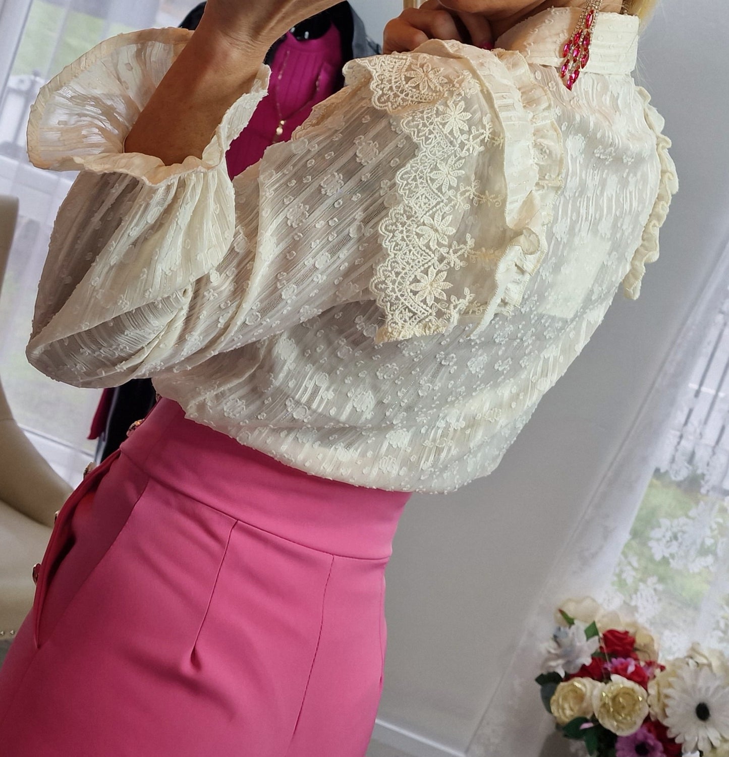 Lace Shirt With Pearls Buttons