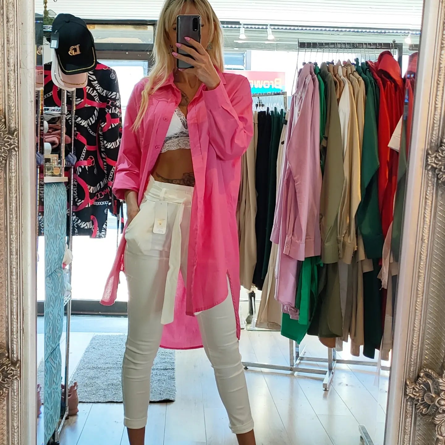 Long shirt-dress- Pink, White