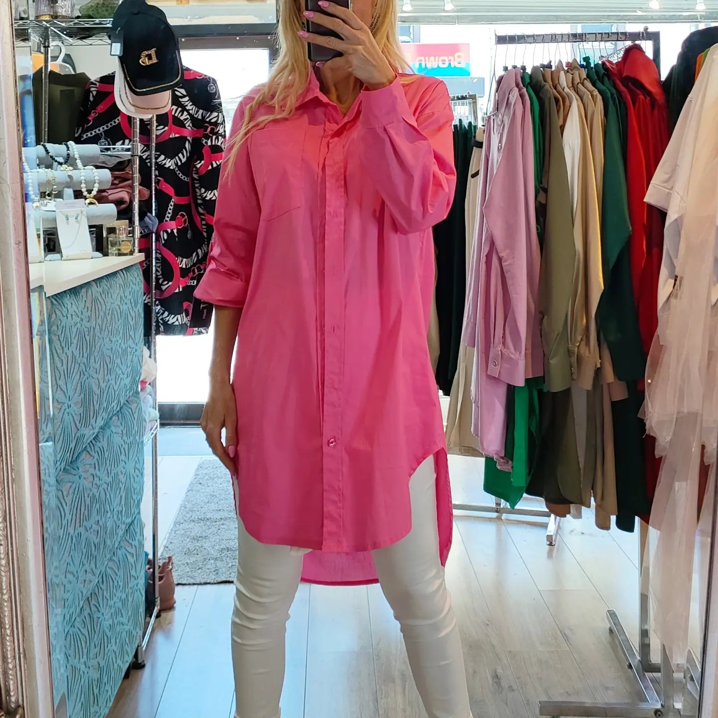 Long shirt-dress- Pink, White
