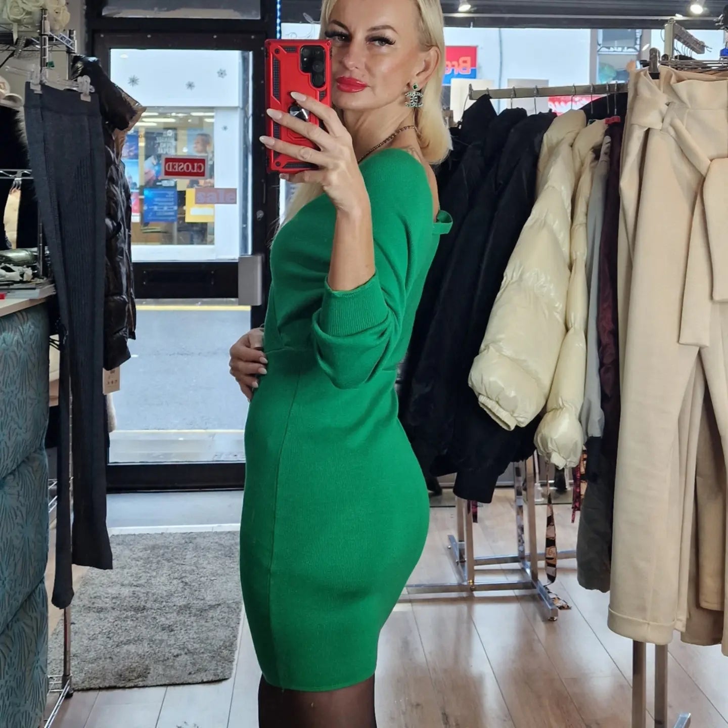 Sweater Dresses in Red, Beige, Green, Black