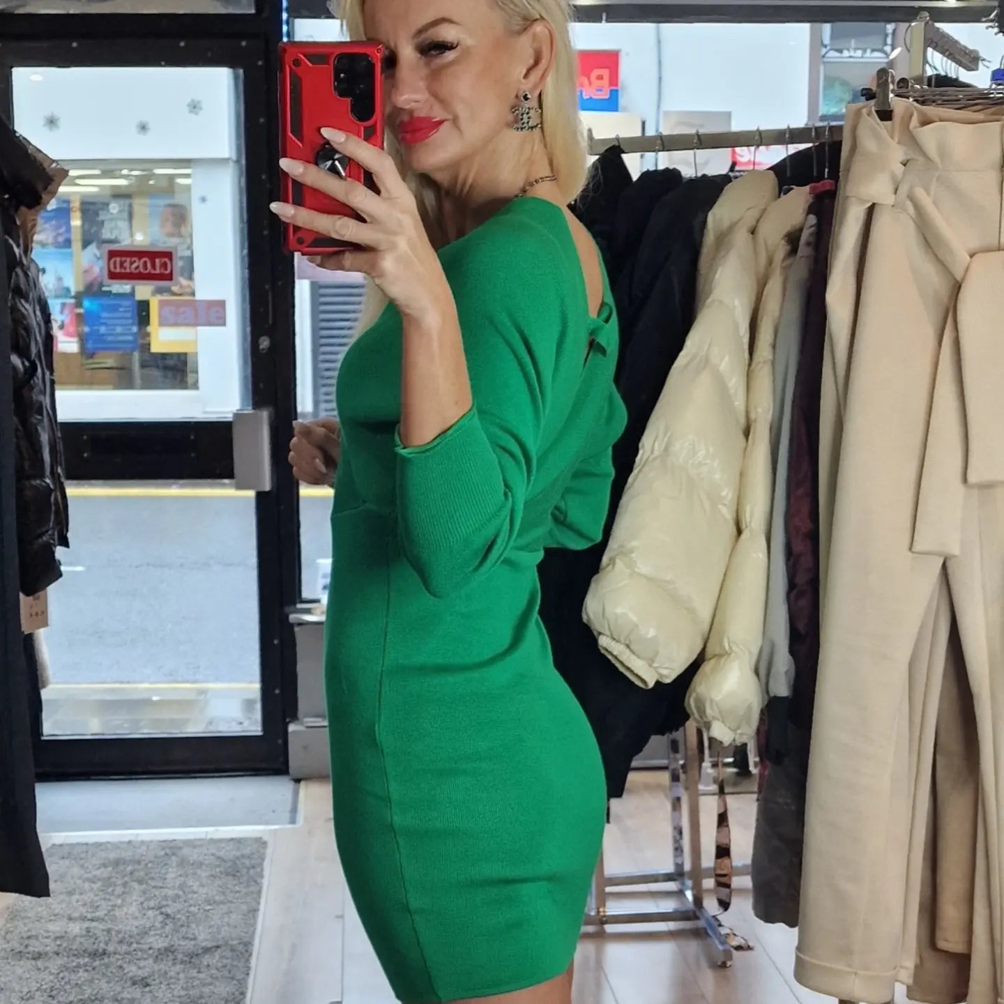 Sweater Dresses in Red, Beige, Green, Black