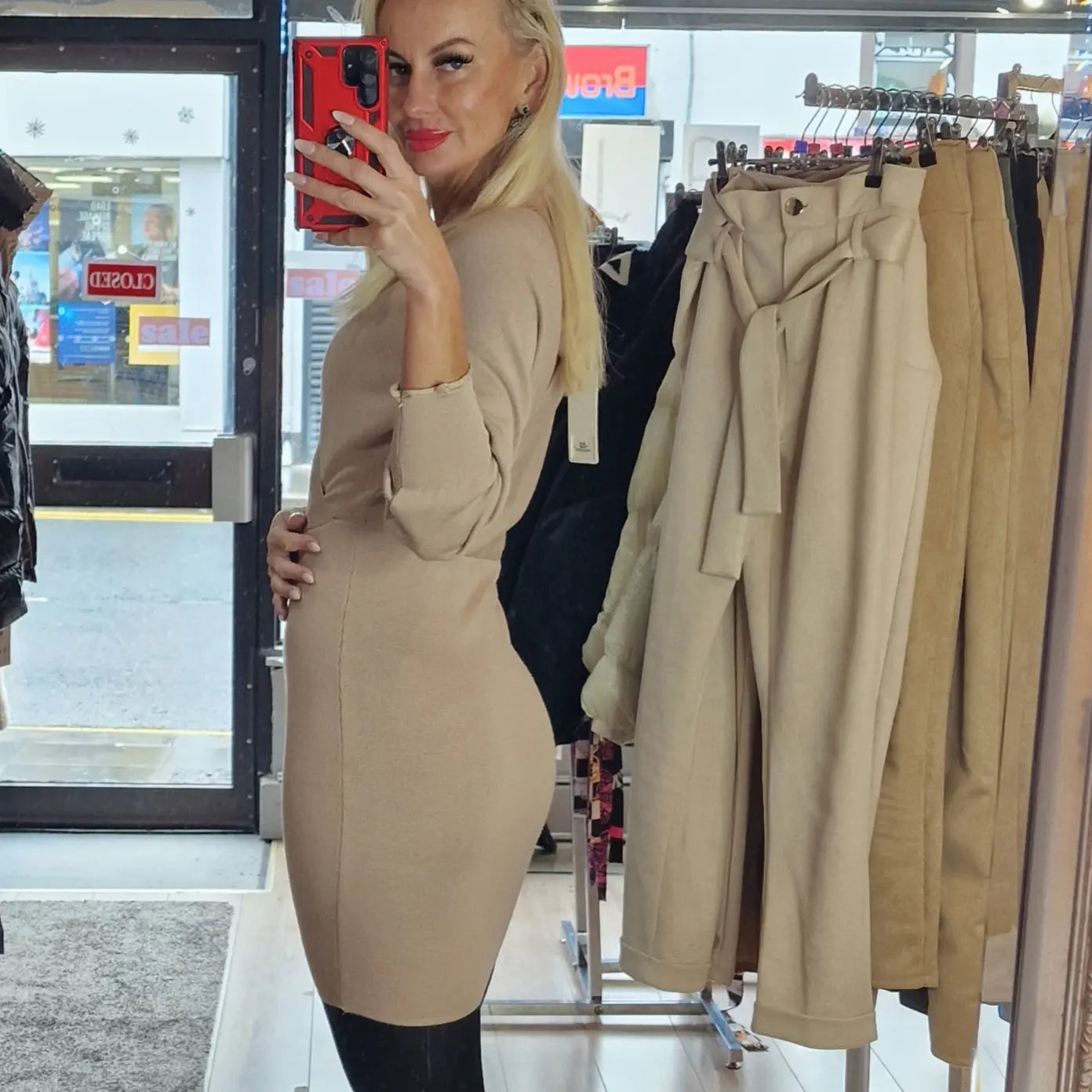 Sweater Dresses in Red, Beige, Green, Black