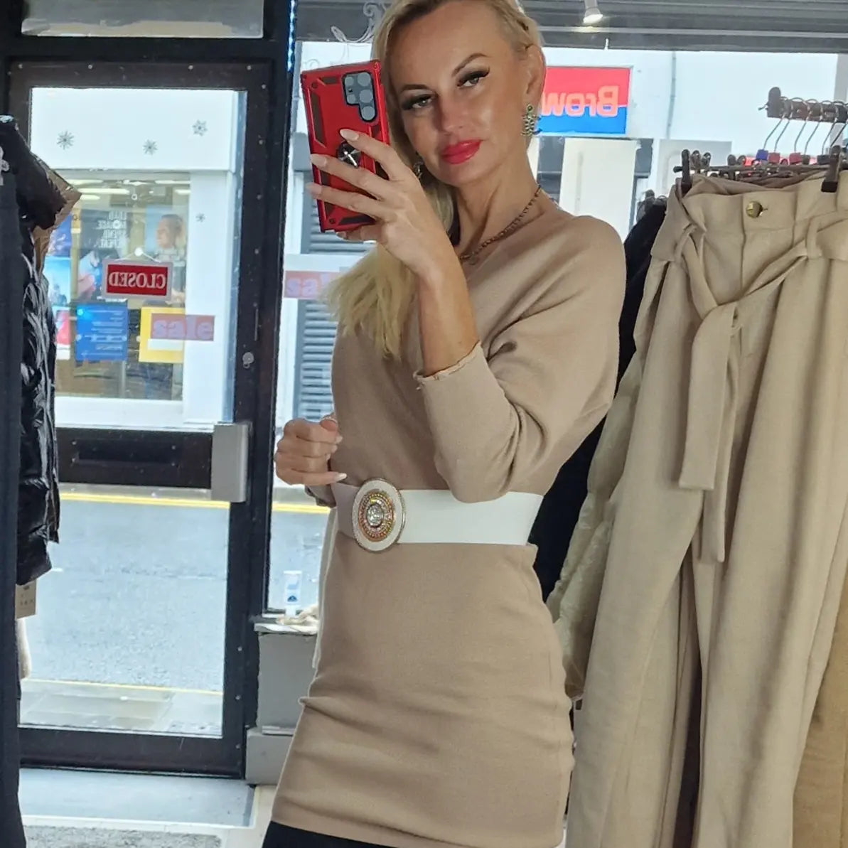 Sweater Dresses in Red, Beige, Green, Black
