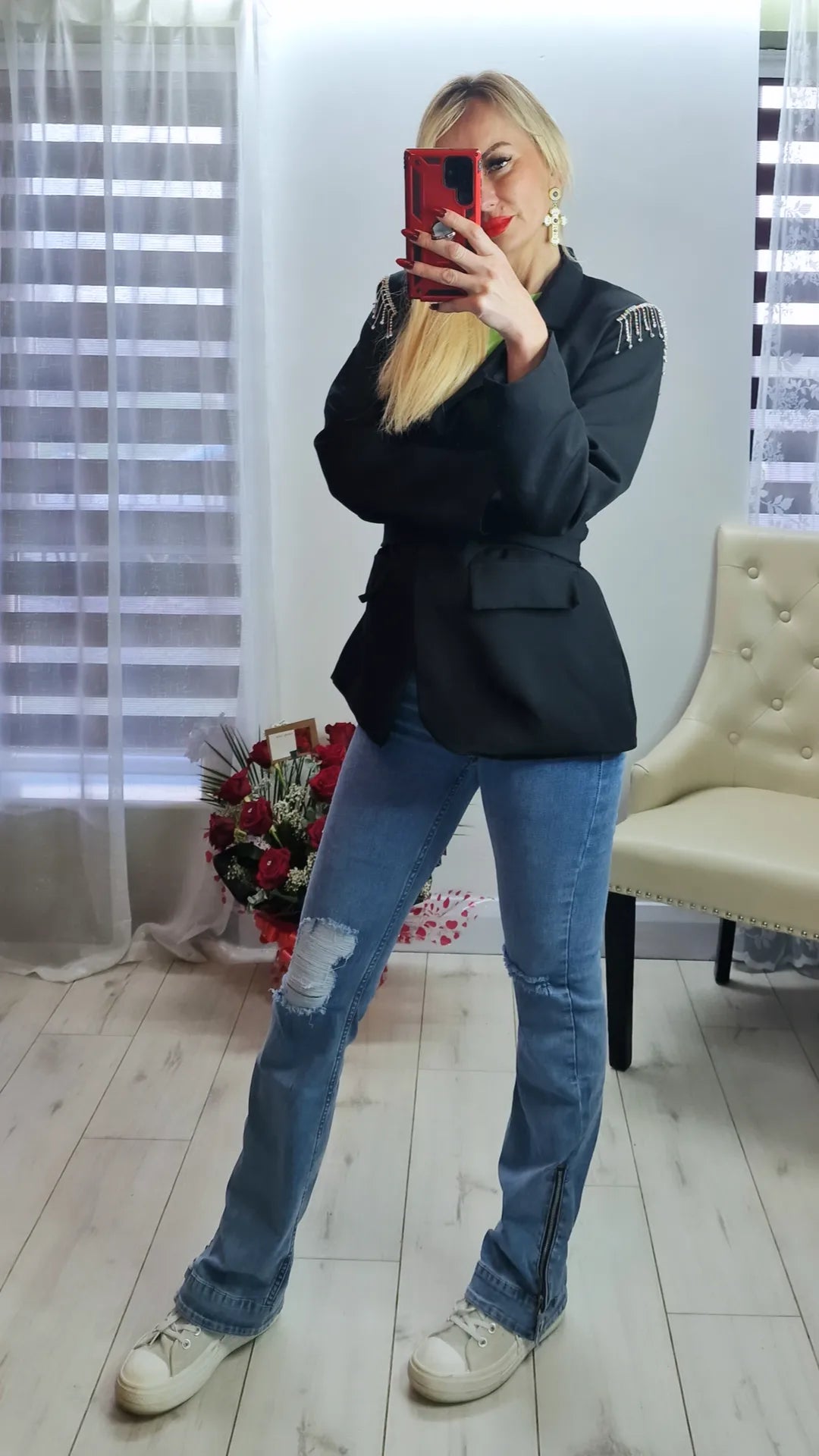 Black Blazer With Tassels On The Shoulders