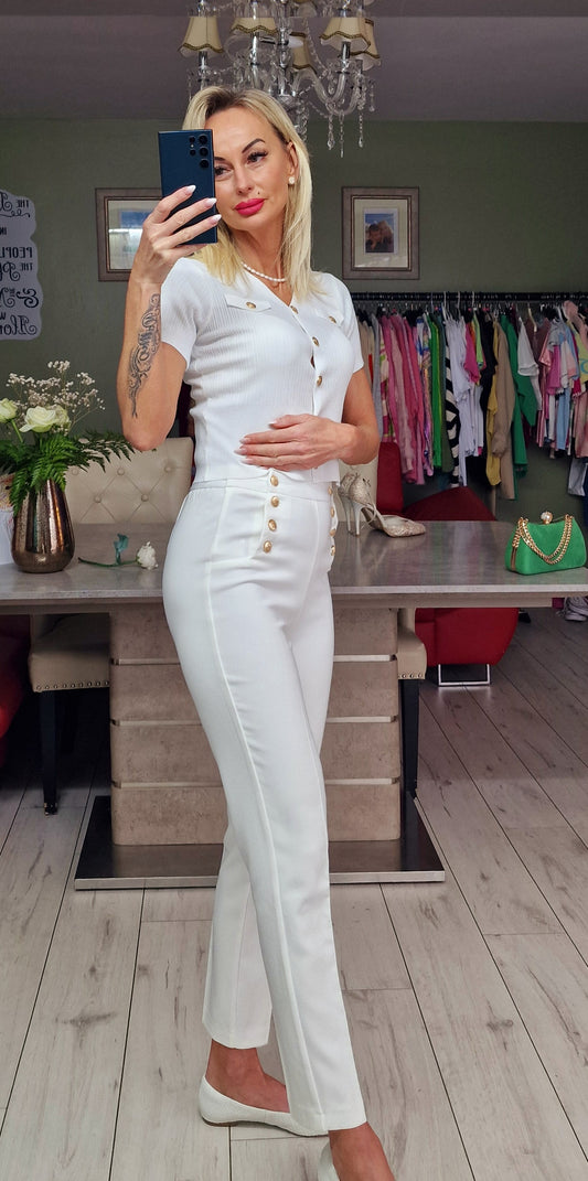 White Elegant Trousers With Gold Buttons