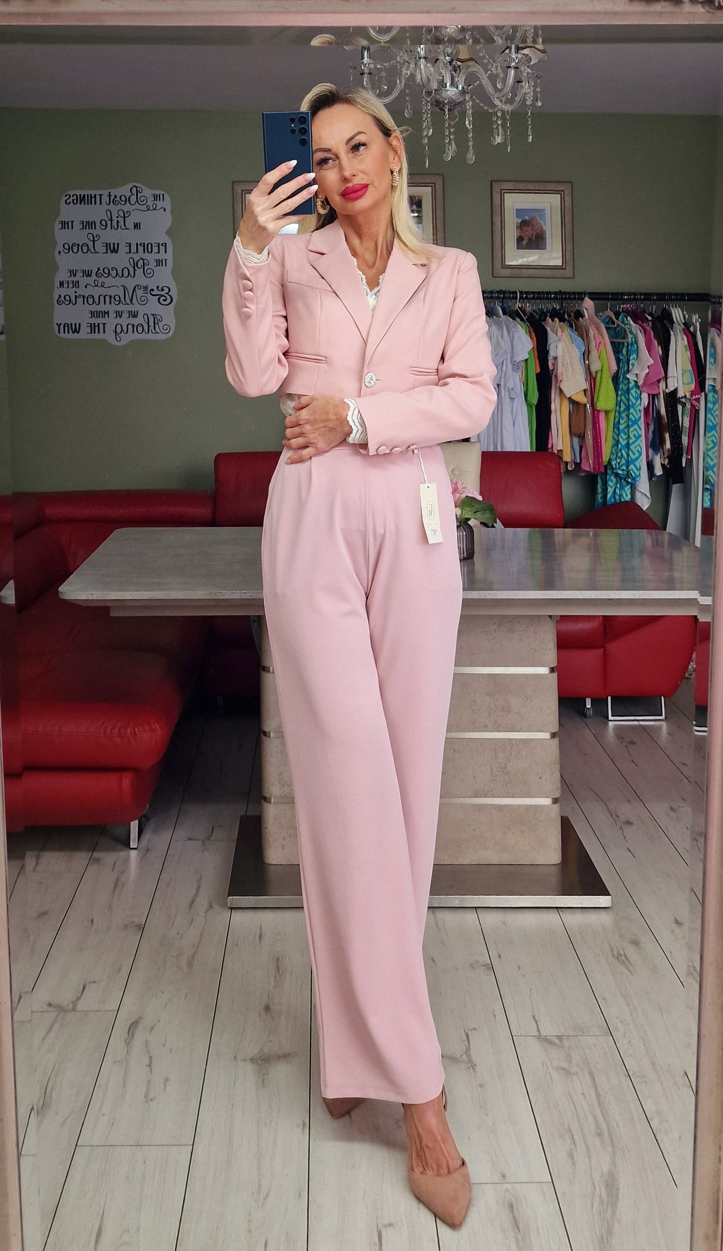 Blush Pink Suit With Crystal Button