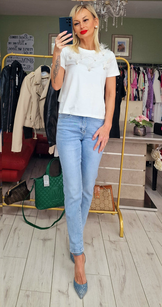 White Tshirt Top With Featers and Stones