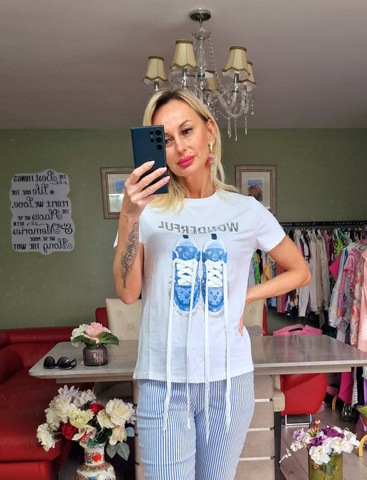 White Tshirt With Blue Louis Trainers