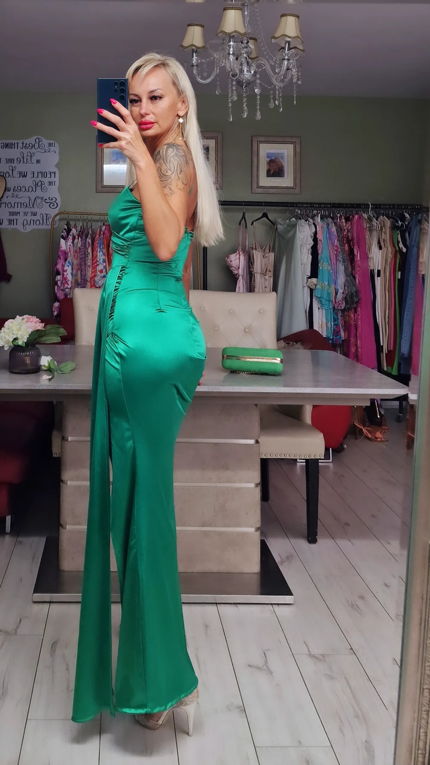 Green Satin Long Occasion Dress