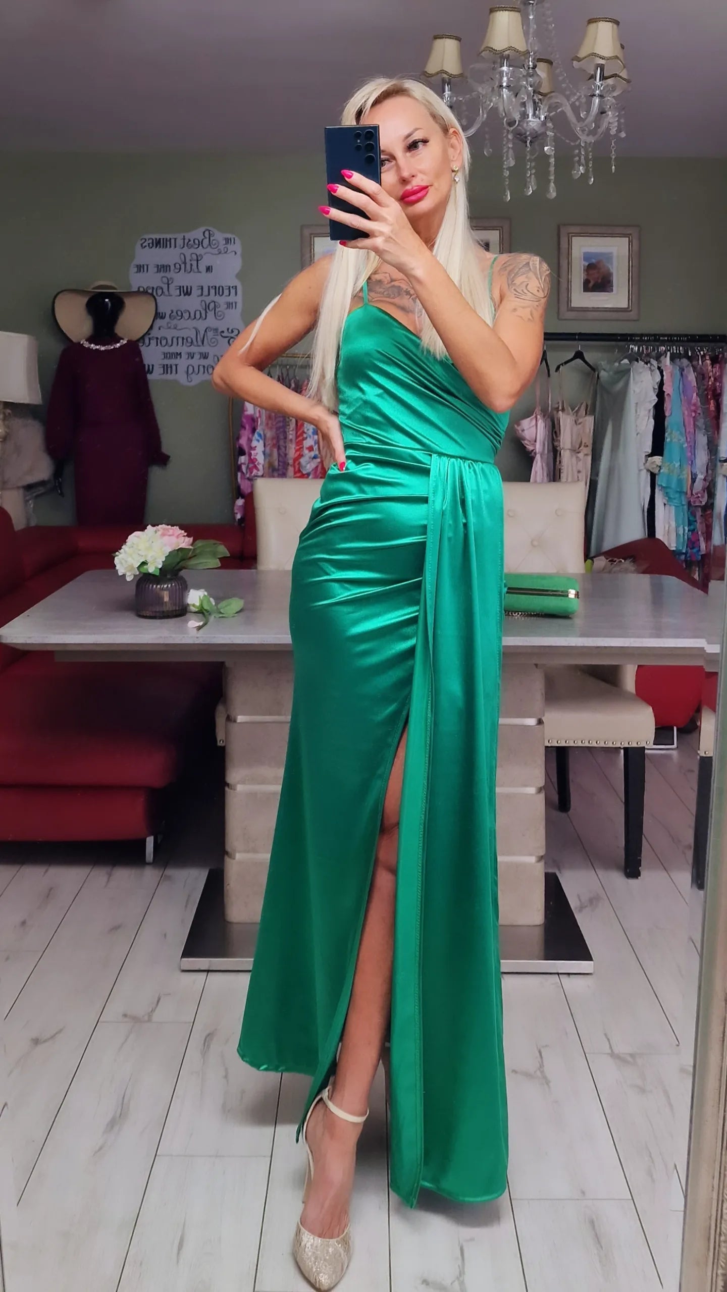 Green Satin Long Occasion Dress