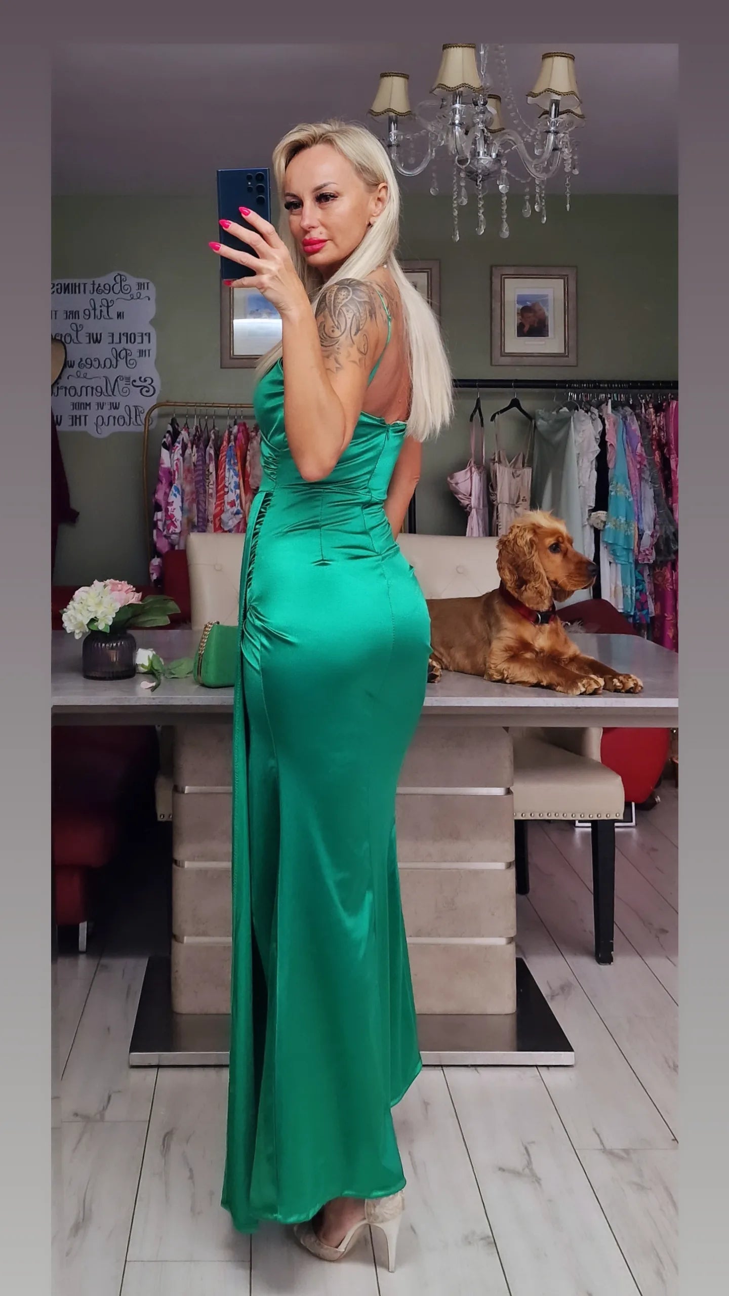 Green Satin Long Occasion Dress