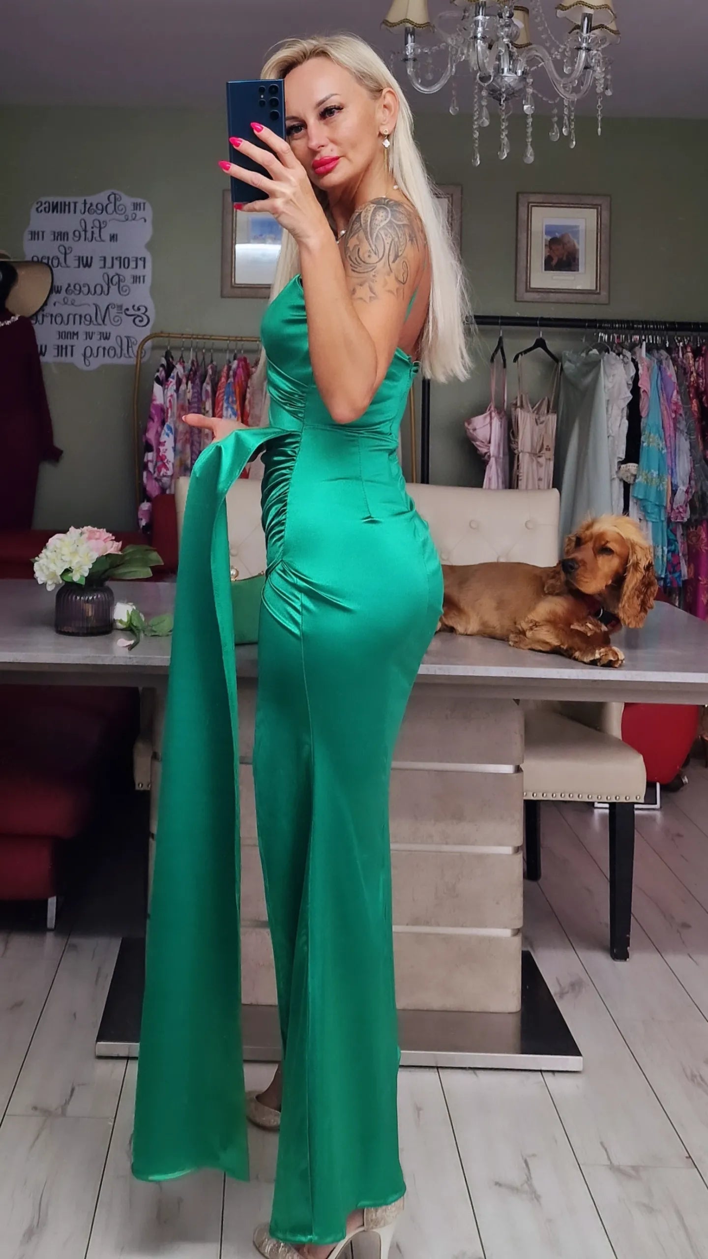 Green Satin Long Occasion Dress