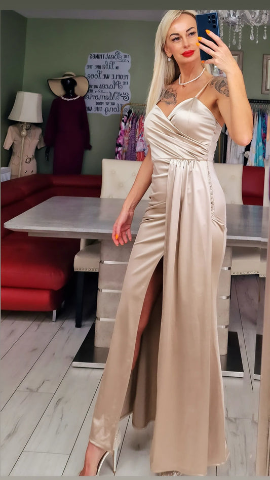 Camel- Gold Satin Long Dress