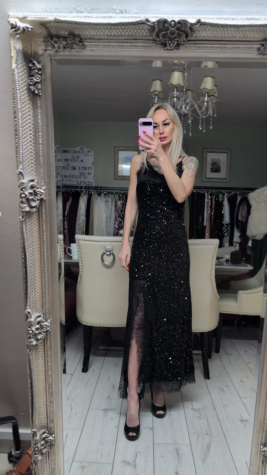 Velvet Sequin Evening Dress With Lace