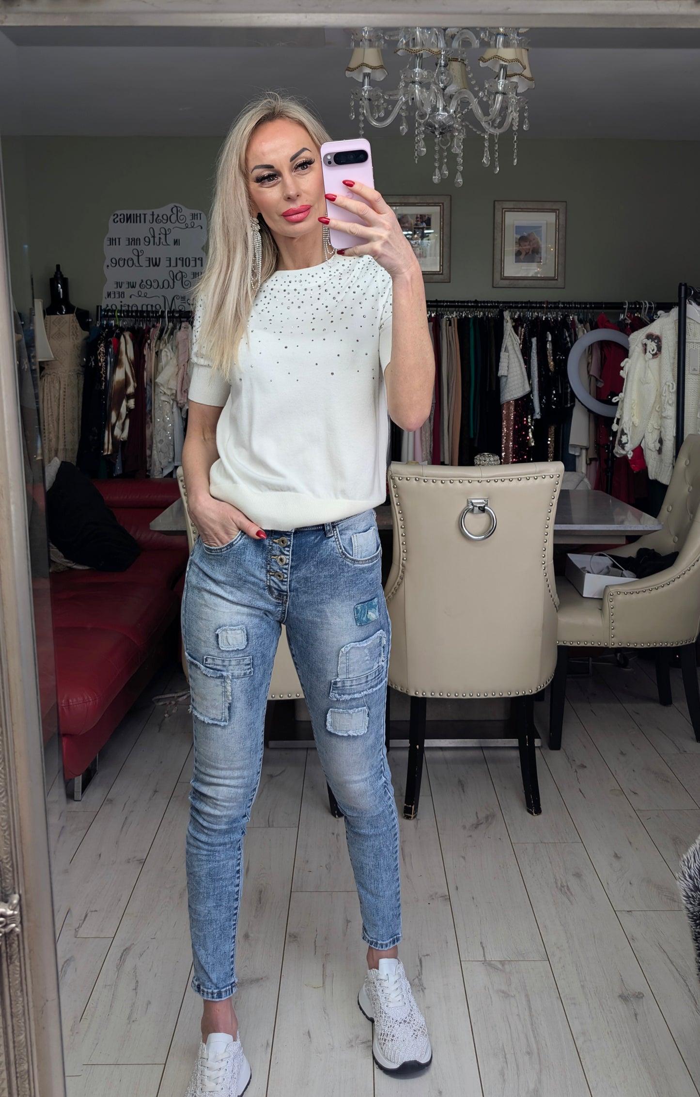 Knitted Top Sweater With Rhinestones Details