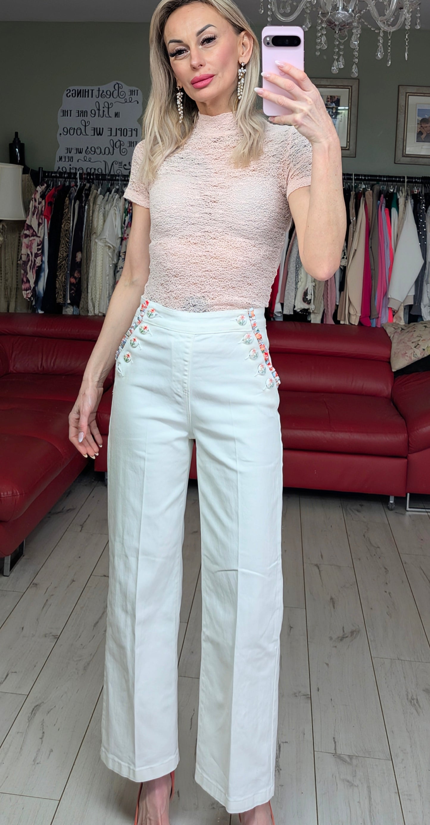 White Denim Trousers With Flowers On The Buttons