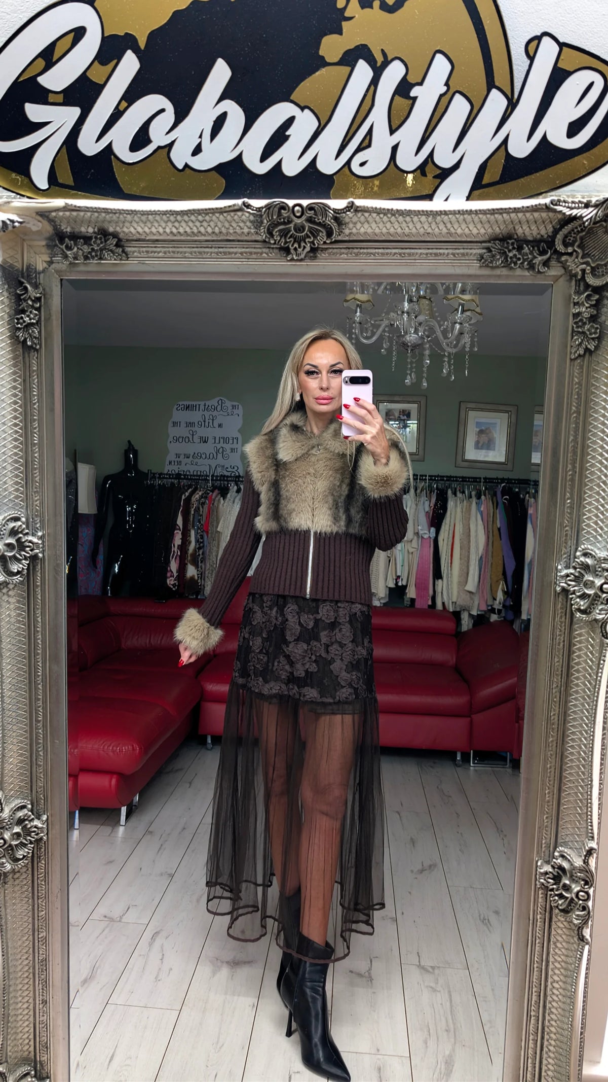 Brown Faux Fur Knitted Zip Jacket