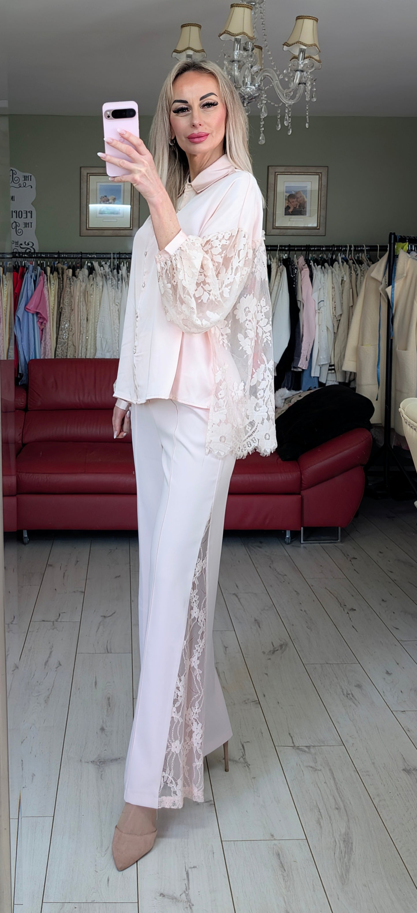 Light Pink Satin And Lace Shirt
