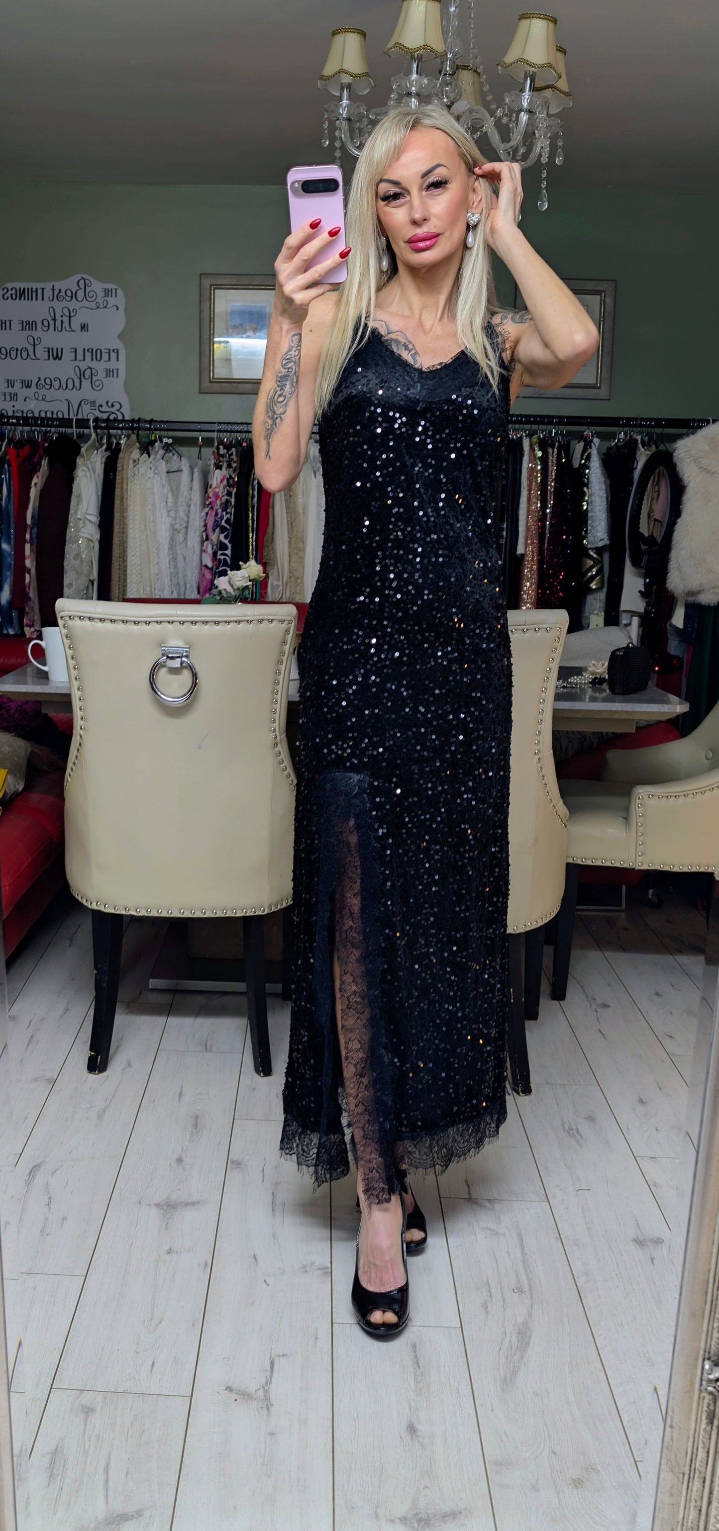 Velvet Sequin Evening Dress With Lace