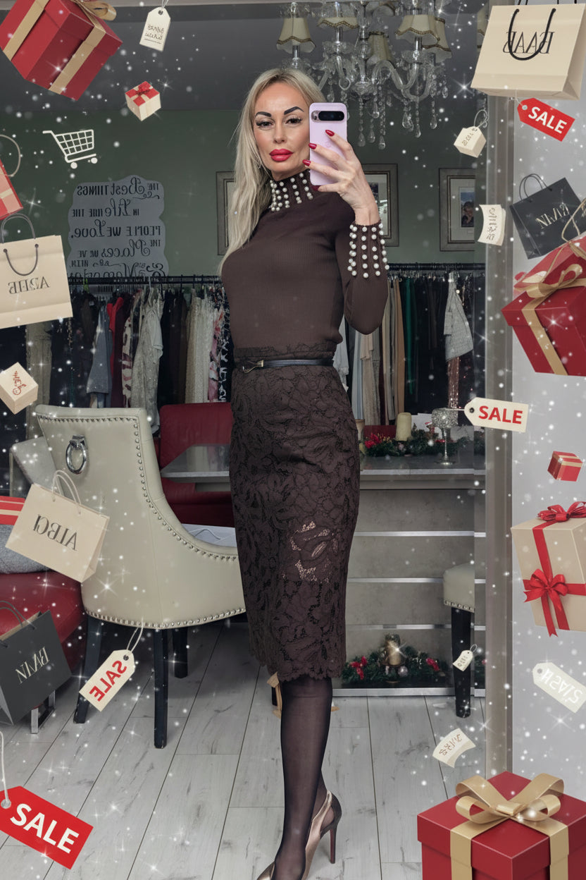Brown Lace Midi Skirt