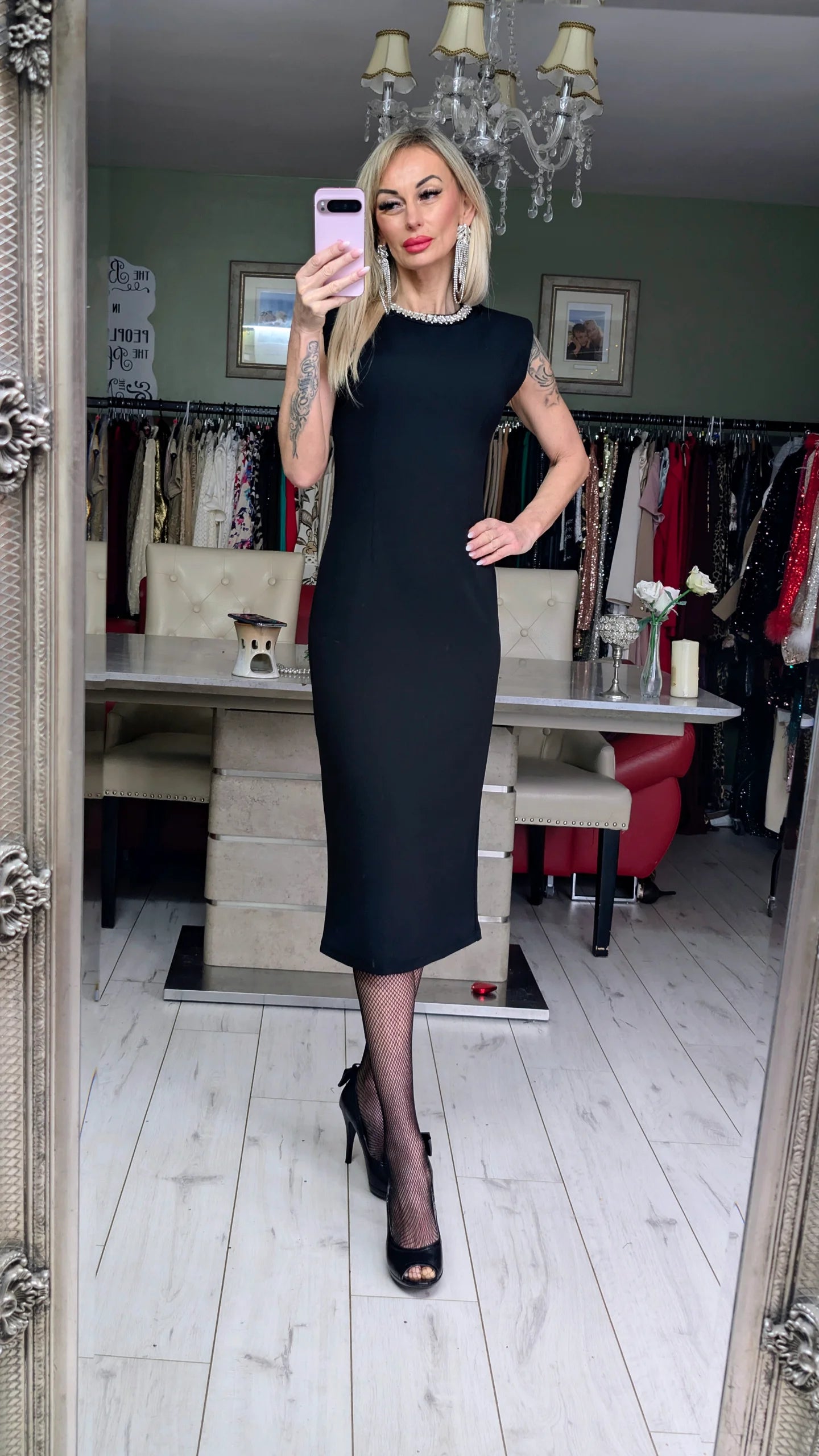 Black Midi Dress With Diamonds Around Neck