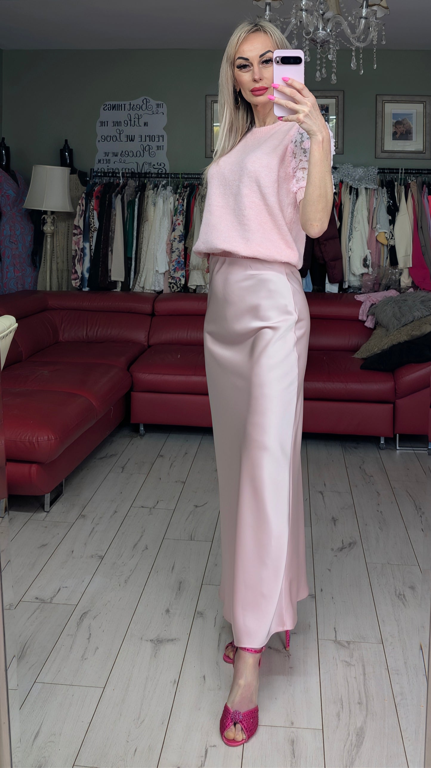 Stunning Long Satin Skirt Light Pink
