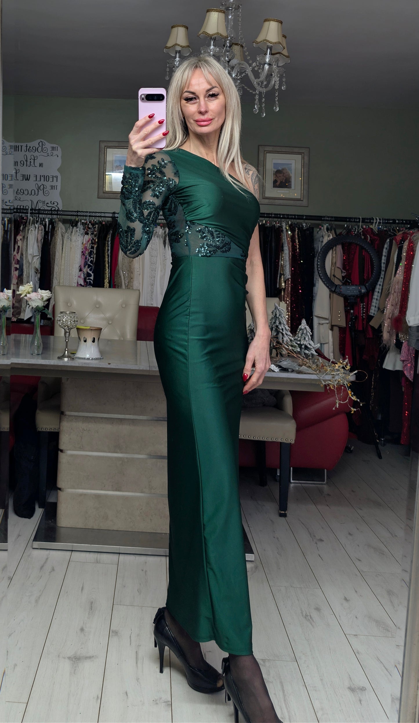 Green And Navy Long Evening Dress