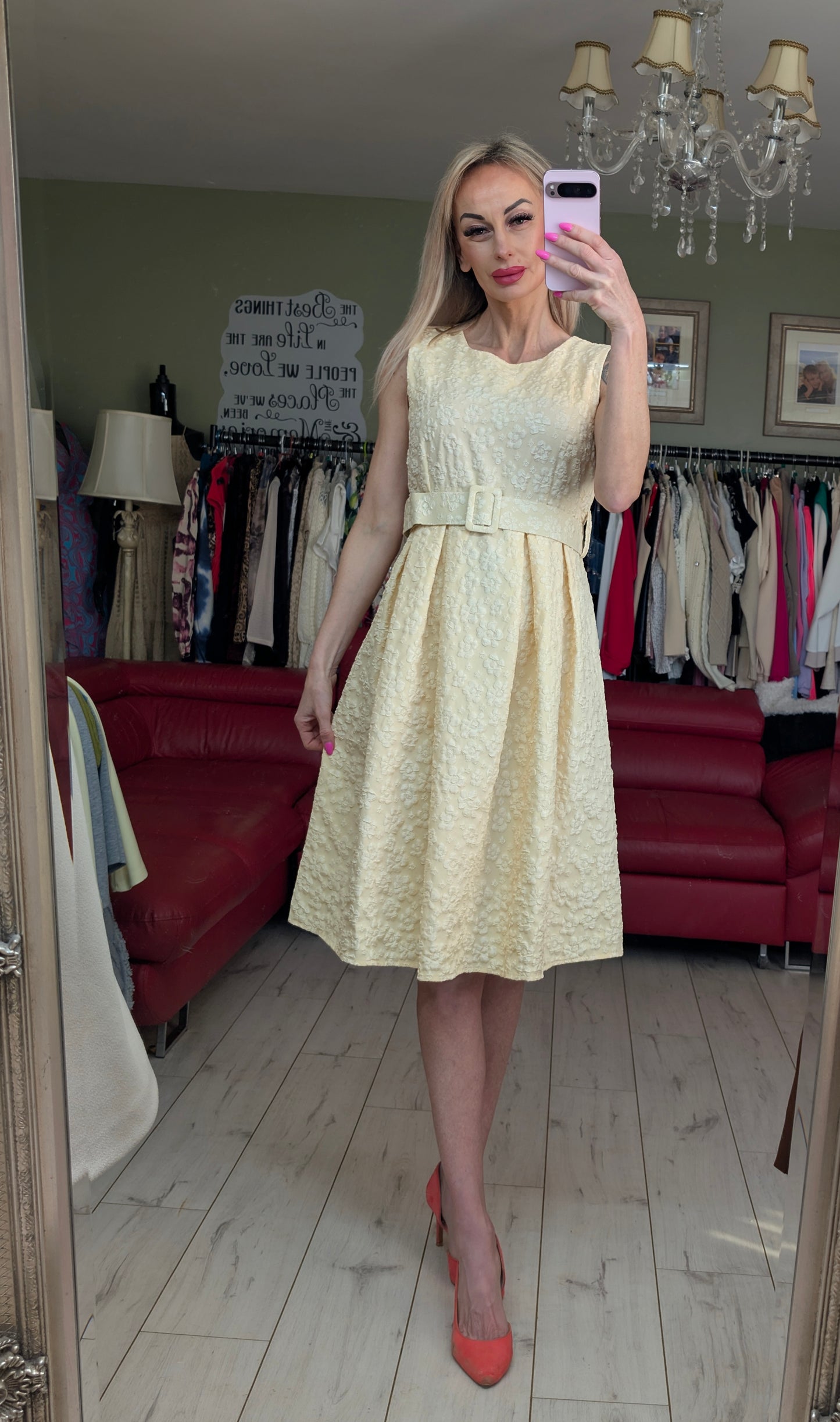 Yellow Midi Dress With White Small Flowers Print