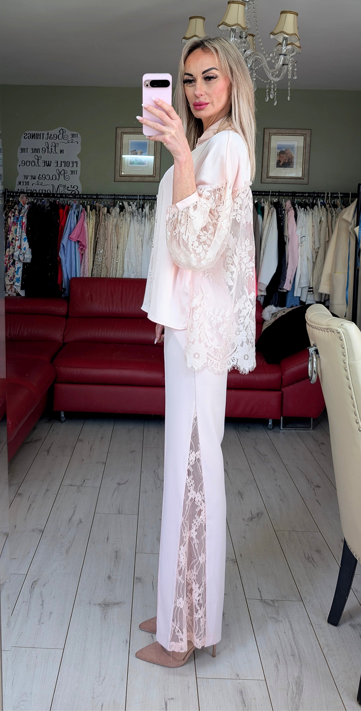 Light Pink Satin And Lace Shirt