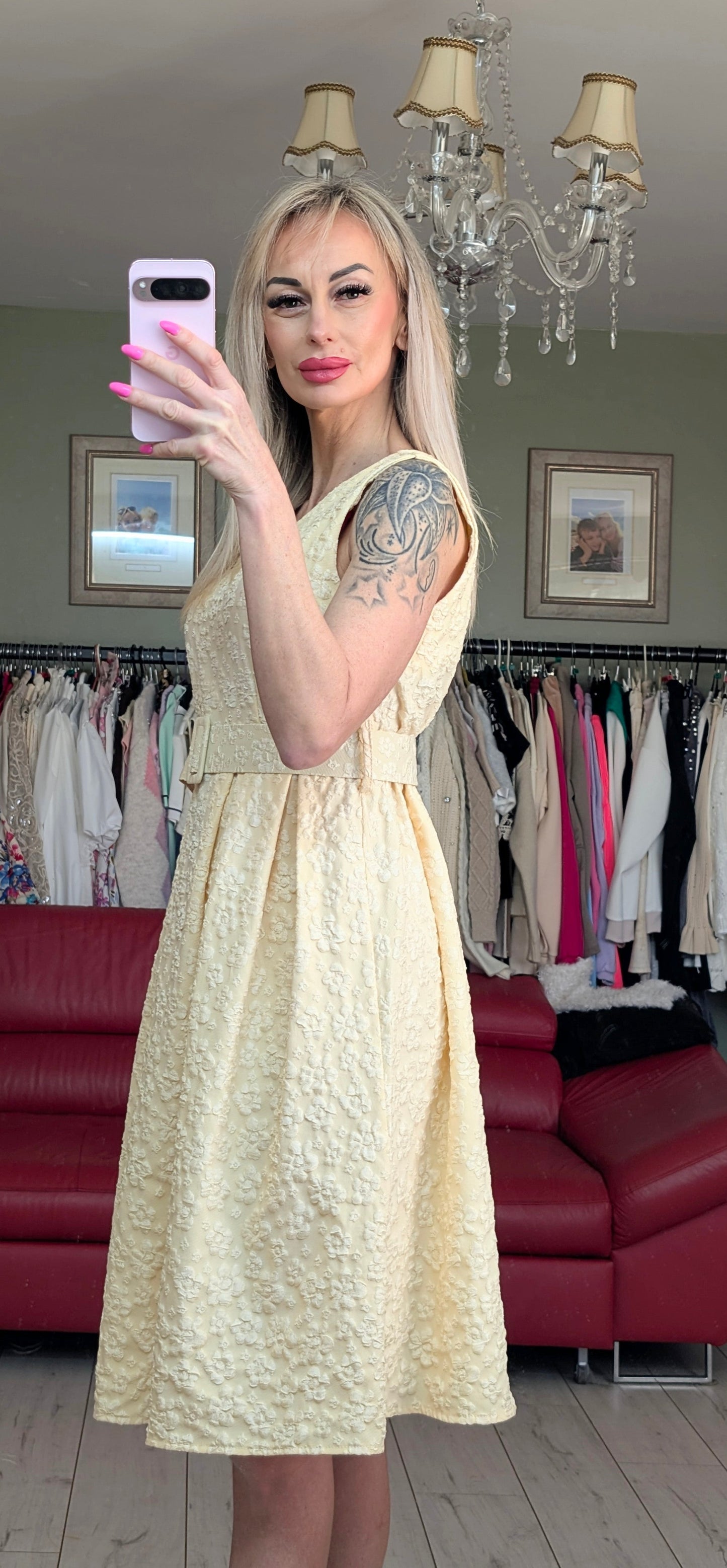 Yellow Midi Dress With White Small Flowers Print