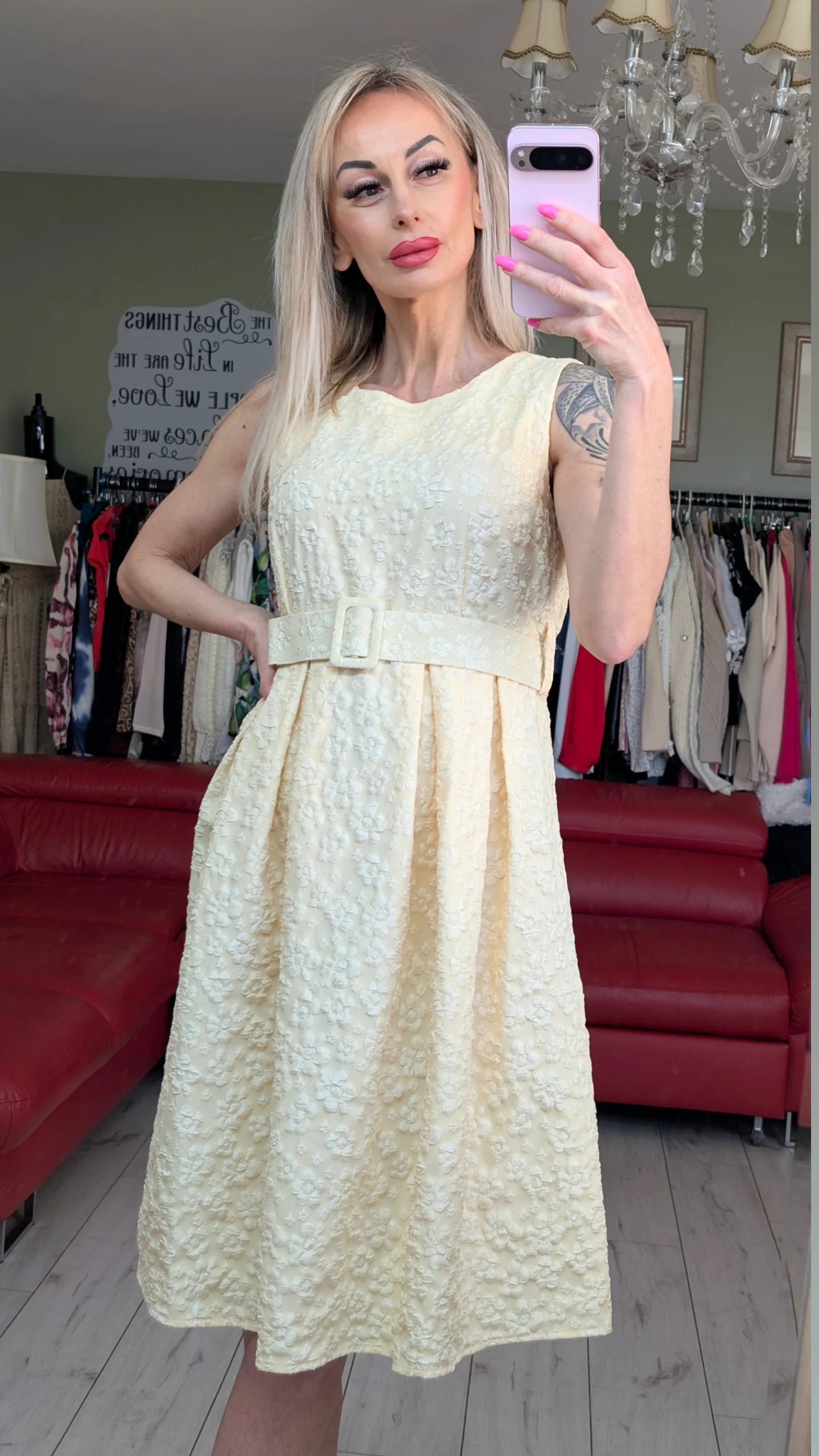 Yellow Midi Dress With White Small Flowers Print
