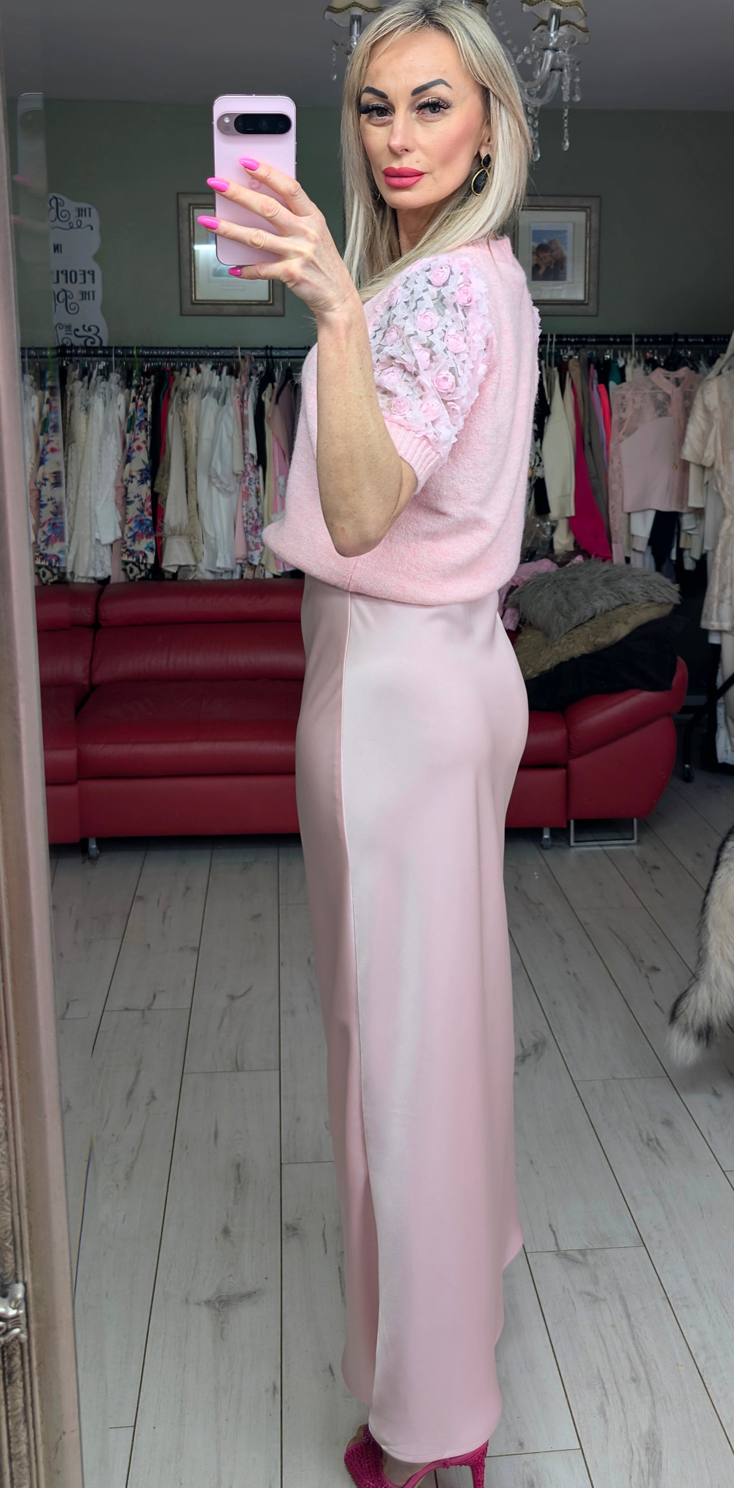 Stunning Long Satin Skirt Light Pink