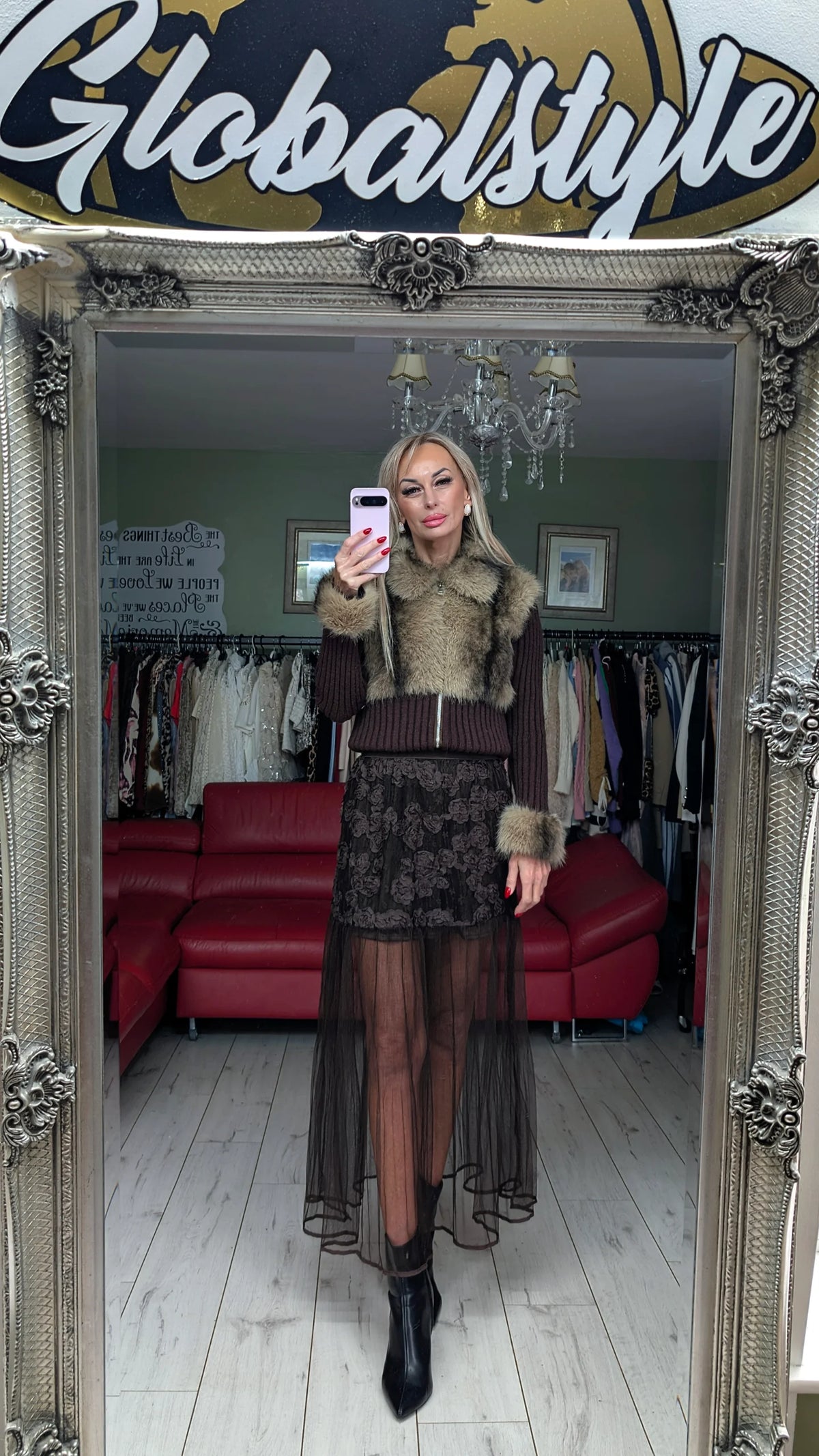 Brown Faux Fur Knitted Zip Jacket