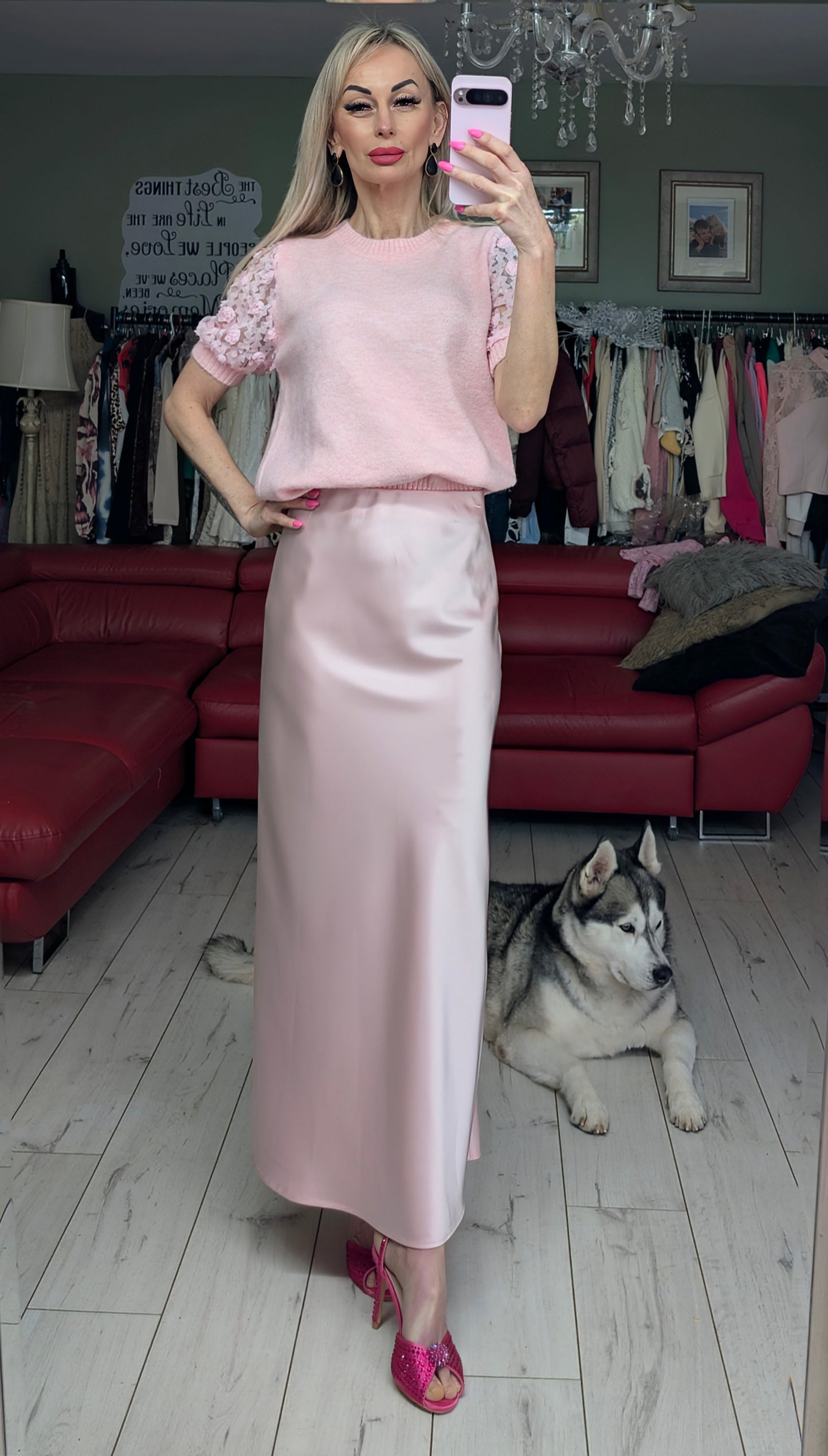 Stunning Long Satin Skirt Light Pink