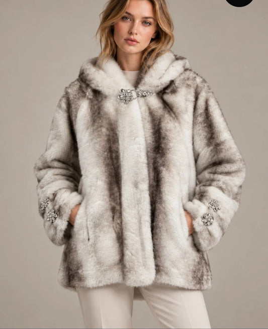 Fux Fur Hooded Jacket With Crystal Buttons