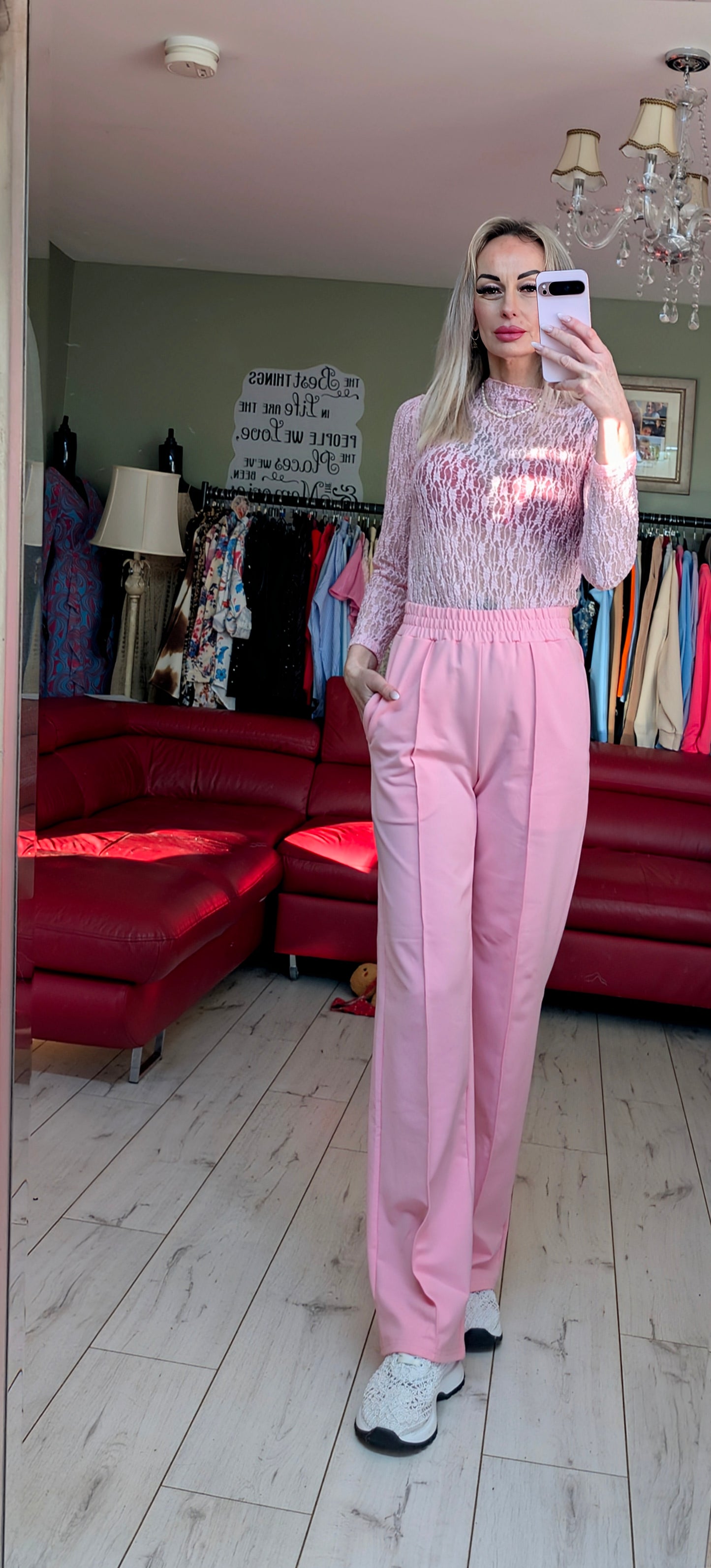 High Neck Baby Pink Lace Top