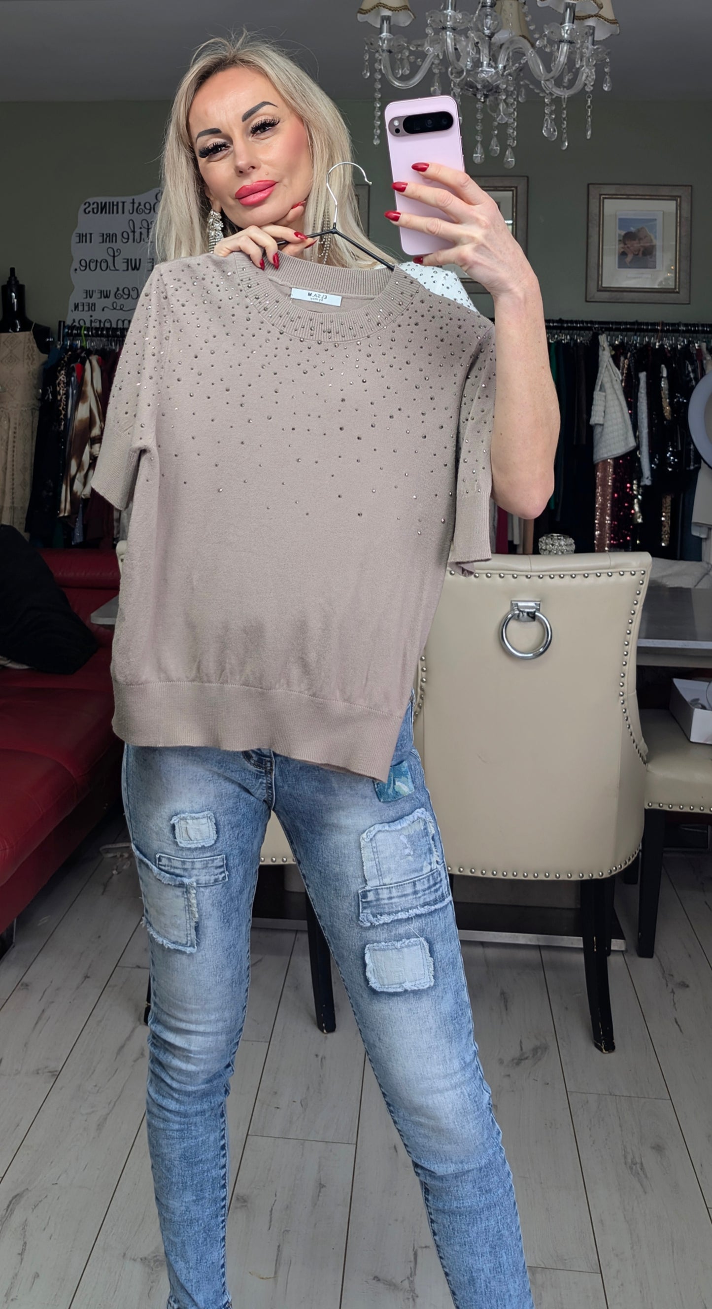 Knitted Top Sweater With Rhinestones Details