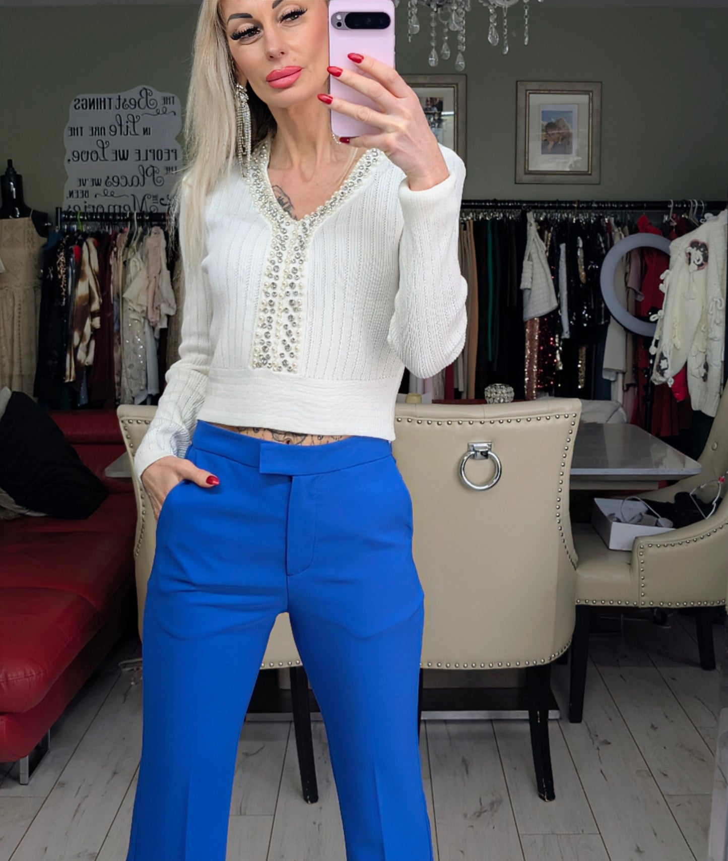 White Sweater With Pearls And Stones