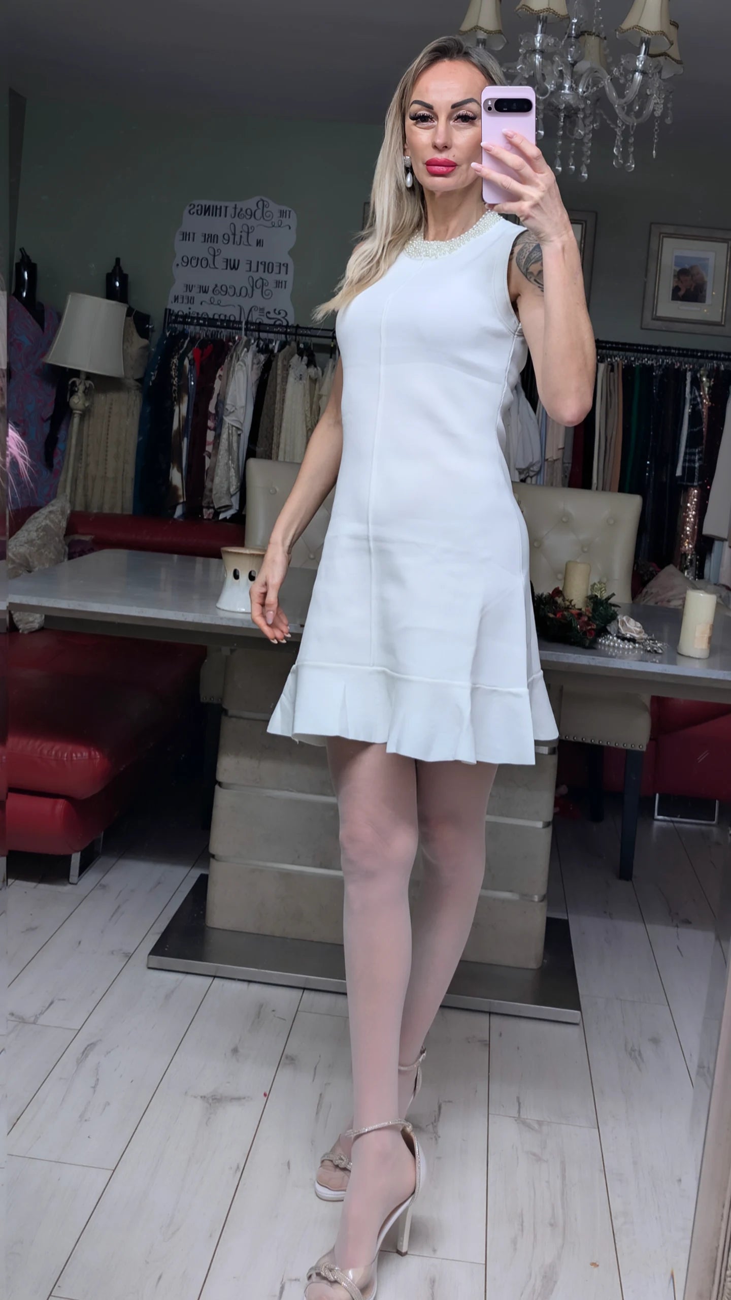 White Dress With Pearls Around Neck