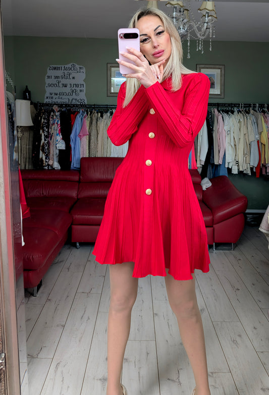 Red With Gold Button Mini Ribbed Dress