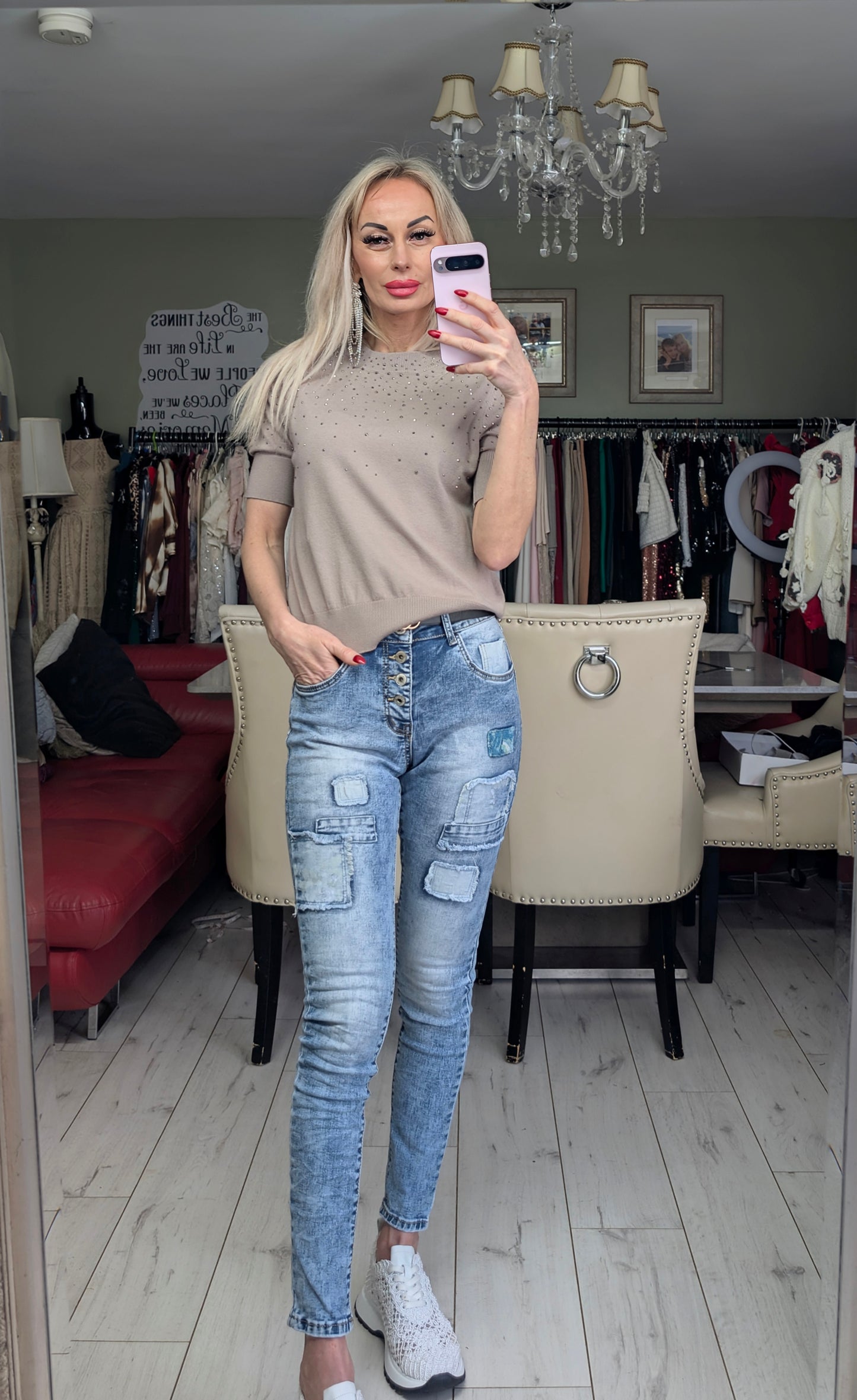 Knitted Top Sweater With Rhinestones Details